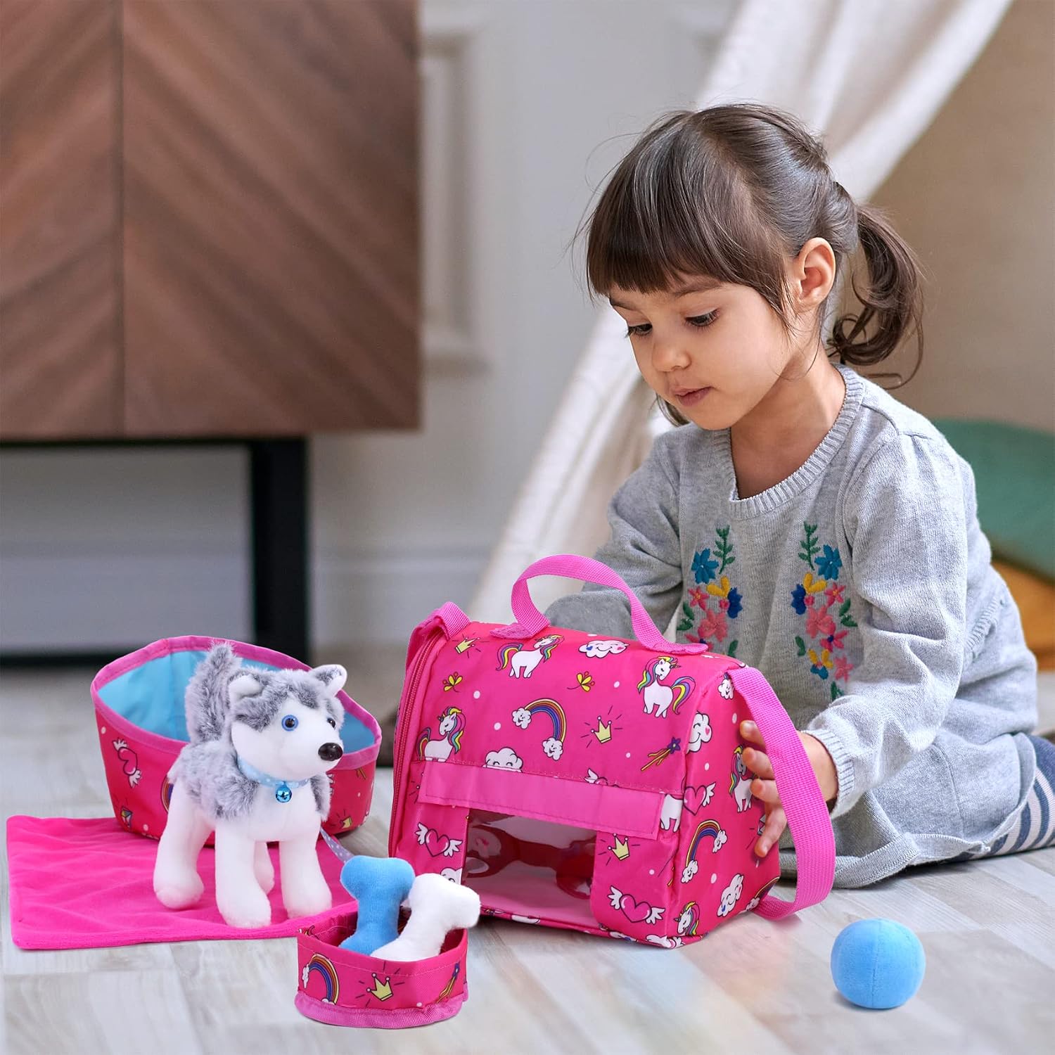 Ecore Fun 11 Piece Pets for 18 Inch Dolls, Puppy Dog Play Set and Accessories Included Puppy Dog Doll Clothes Carrier Bag Food Blanket -Gifts for 3+ Year Old Girl