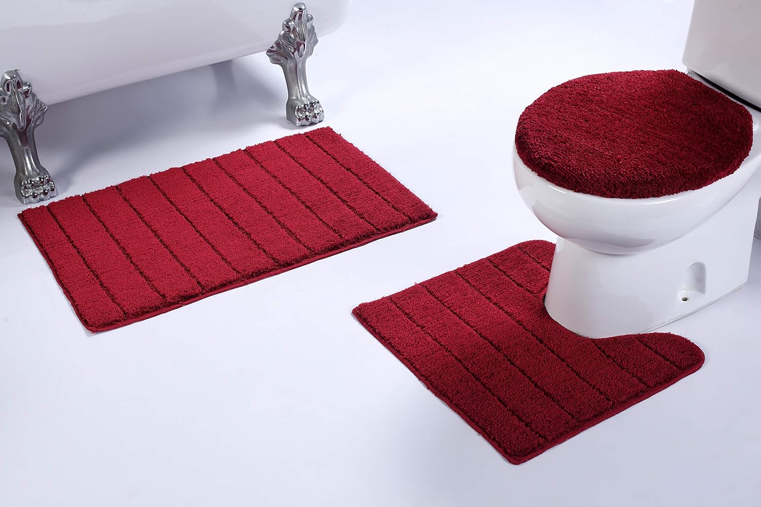 Luxury Home Collection 3 Piece Microfiber Bathroom Rug Set Non-Slip Bathroom Rug Contour, Mat and Toilet Lid Cover #670 (Burgundy, 3 PCE Set)