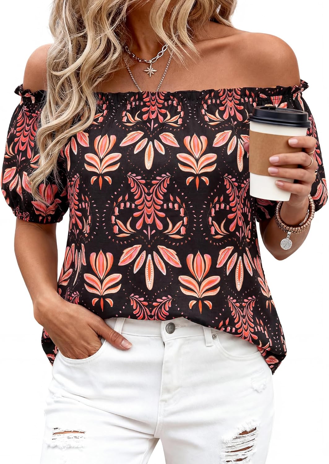 BTFBM Off The Shoulder Spring Tops for Women Summer Blouses Boho Floral Short Sleeve Shirts Dressy Casual Outfits 2026 - Image 2
