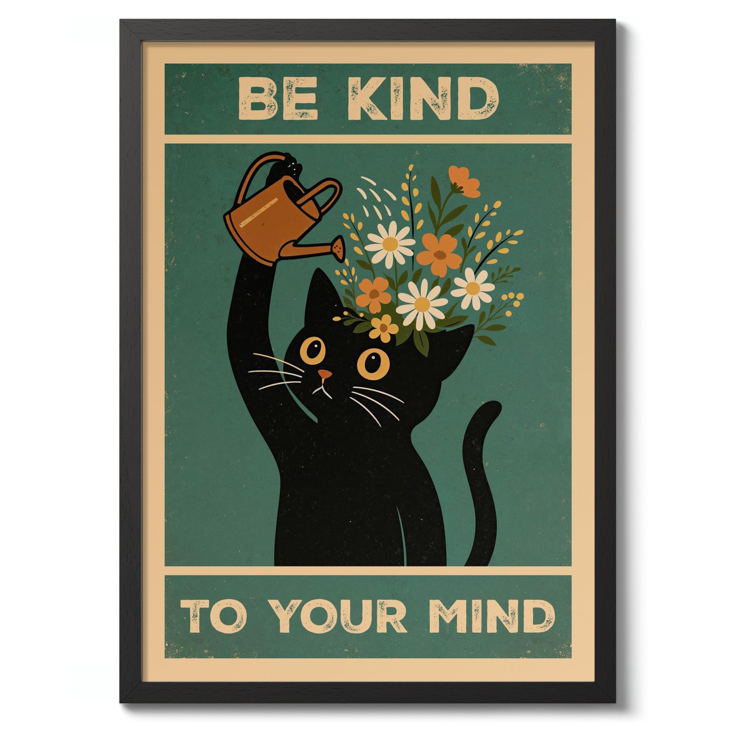 Be Kind To Your Mind Poster, Retro Animal Bathroom Print, Comedy Toilet Wall Art, A5 (Black Frame) - 24.1x17.9cm