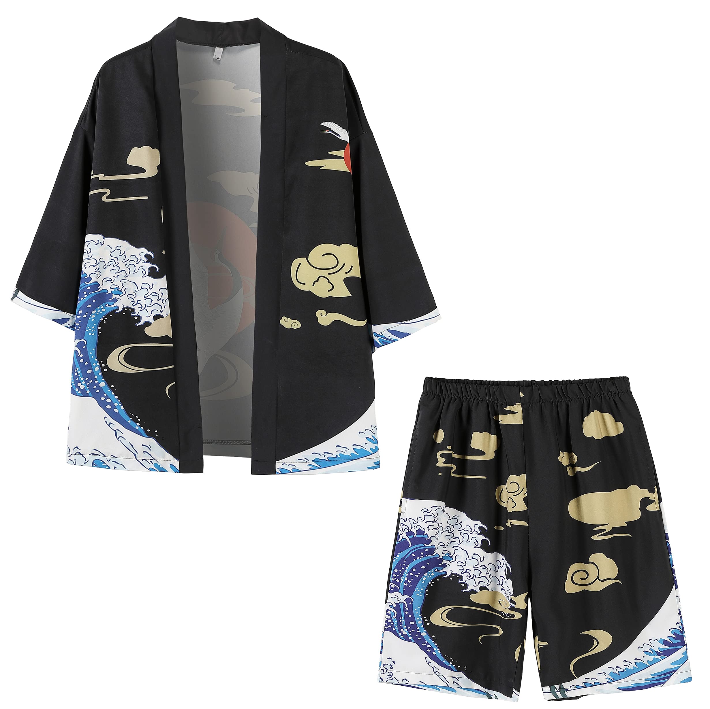 PRIJOUHE Mens Kimono Set Japanese Haori &amp; Shorts 2 Piece Summer Outfits