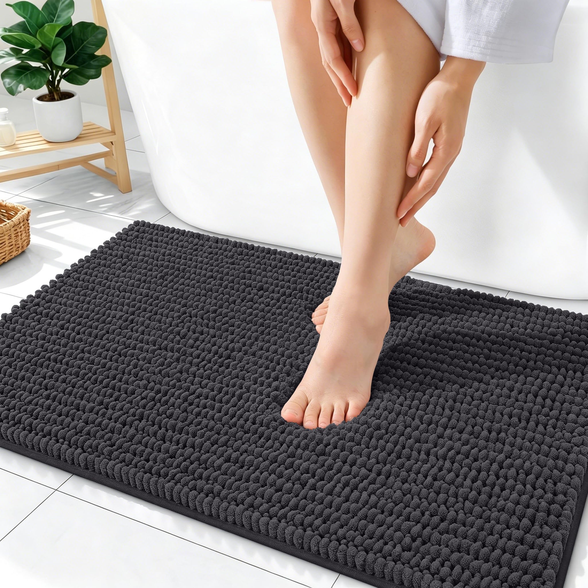 OLANLY Thick Chenille Absorbent Bathroom Rugs Mat 36x24, Dark Grey