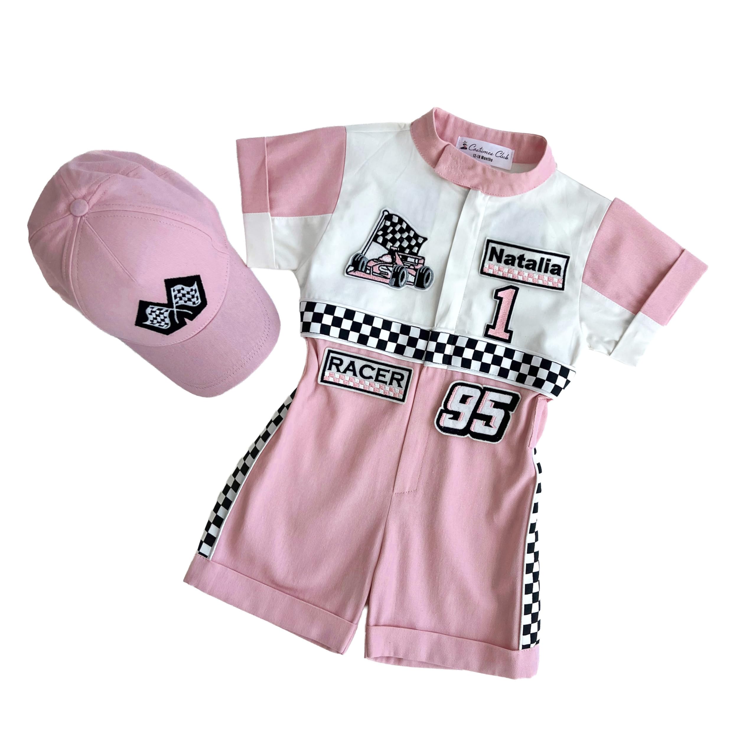 Costumes Club Personalized Handmade Race Car Driver Costume for Toddlers (5T, Pink & White) — image 1