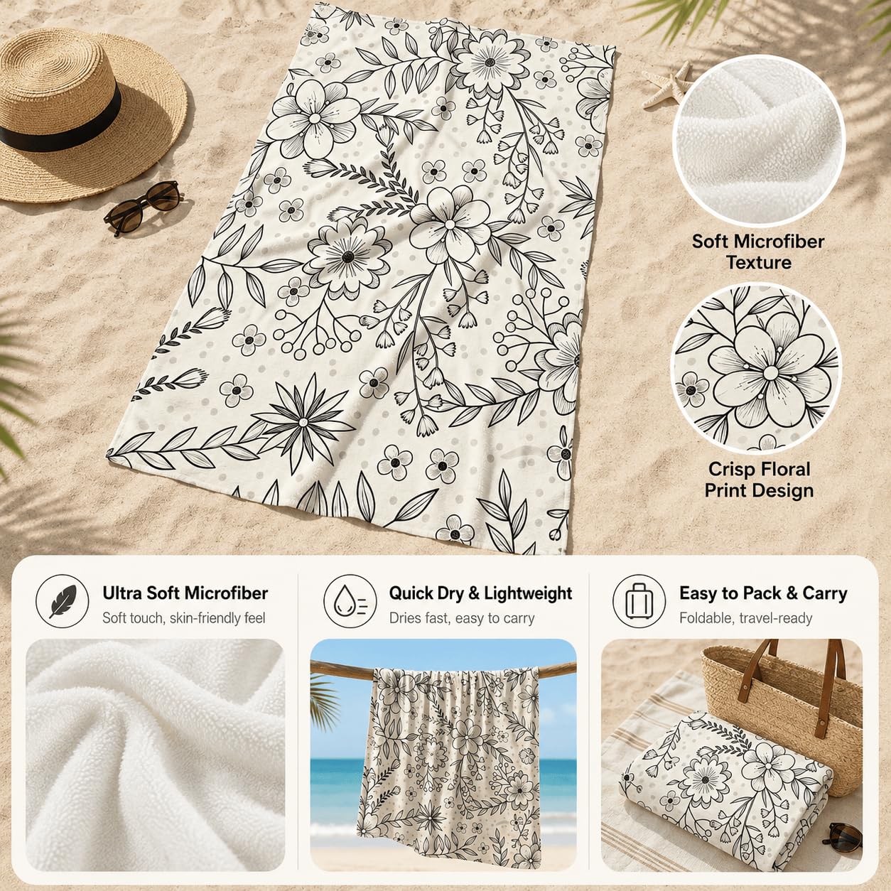 Telo Mare Microfibra Floreale Asciugatura Rapida | Asciugamano da Spiaggia Disegno Lineare Bianco E Nero, 145x200 cm, Assorbente, Accessori Mare, per Palestra Viaggio