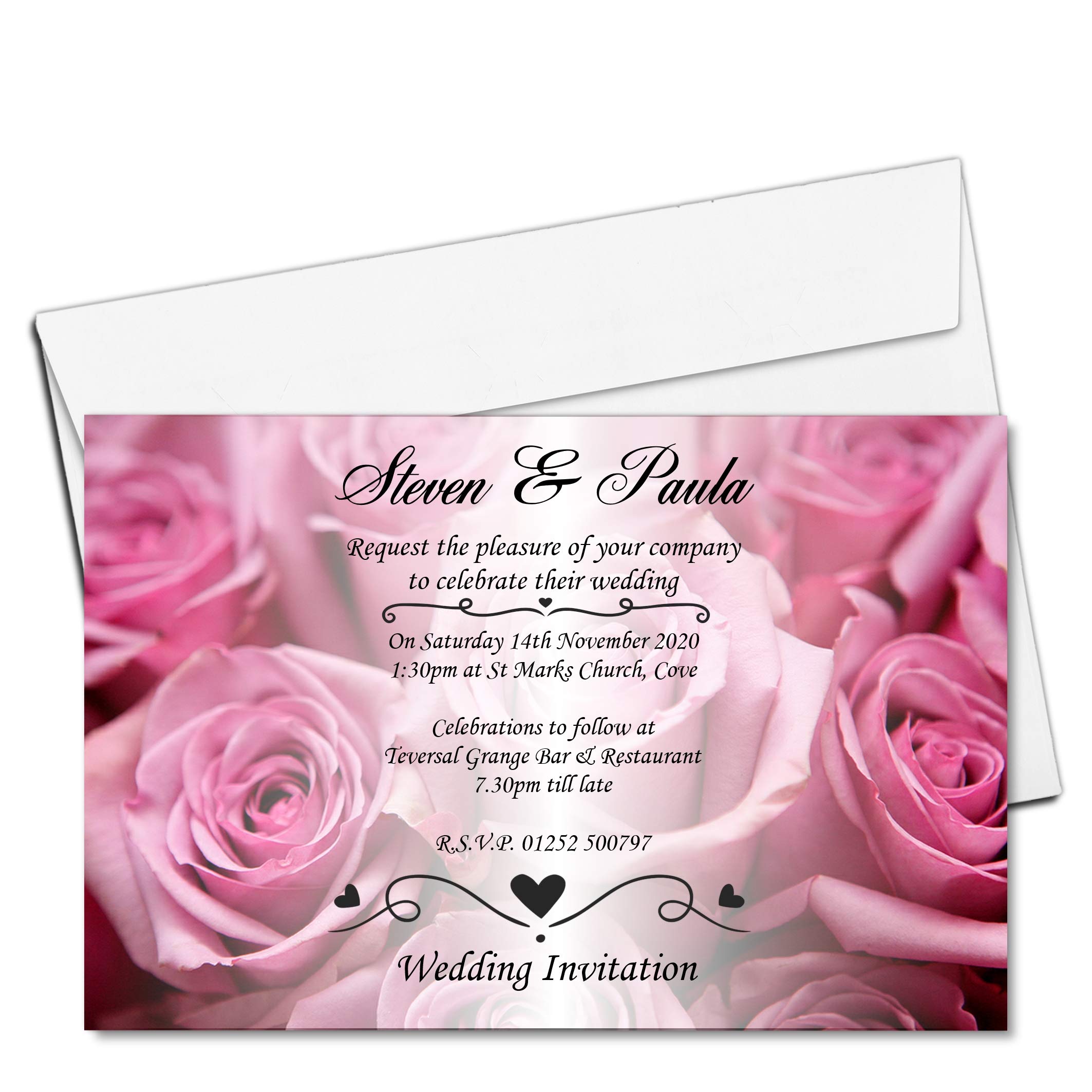 Invite Designs Ltd 10 Personalised Pink Roses Wedding Invitations Invites N52 Day or Evening