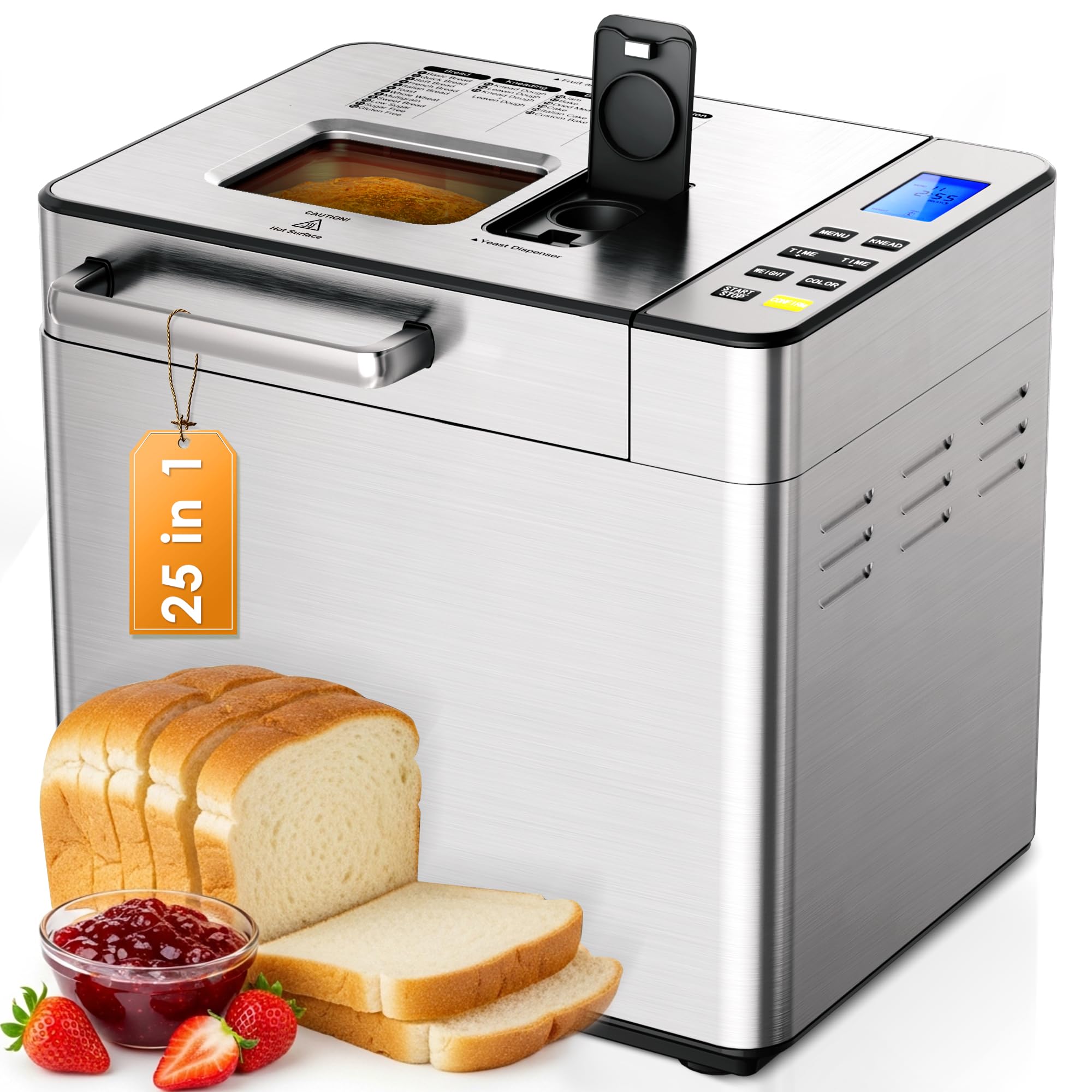 EUHOMY25-in-1 Bread Maker Machine 2LB Breadmaker, Bread Machines with Nut Dispenser and Yeast Dispenser, 3 Loaf Sizes 3 Crust Colors, Dough Maker with Customized Options, Gluten-Free, Recipe, Gifts