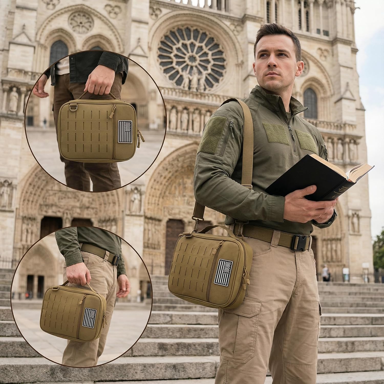 Tactical Bible Cover for Men, Large Bible Case with Shoulder Strap & US Flag Patch, Water Resistant Bible Carrier Bag with Handle, Multi Pockets for Church Study & Travel（Brown）