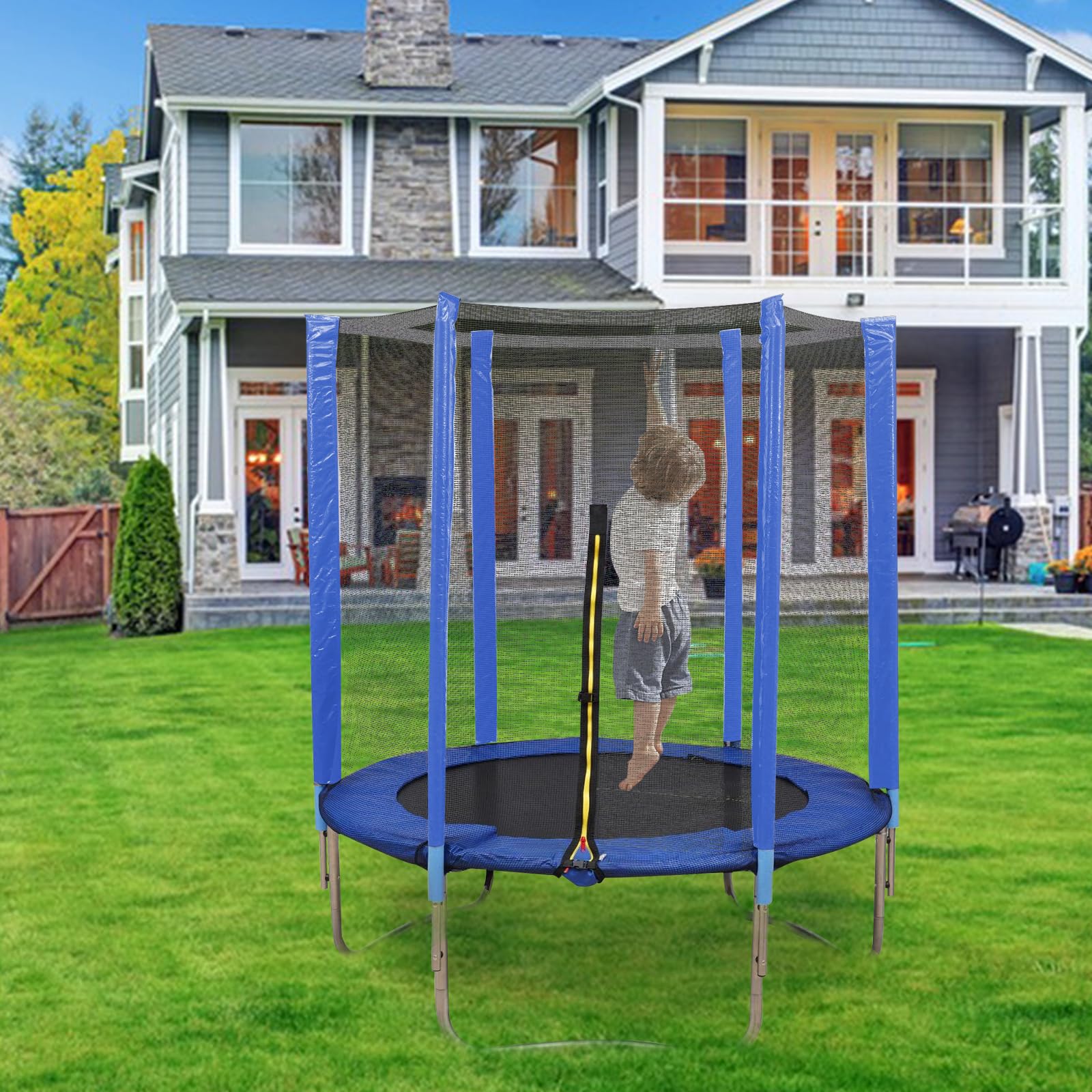 OHMG Trampoline,Trampoline Extérieur Intérieur de Jardin Rond,Trampoline pour Enfant,avec Filet de Sécurité,Filet de sécurité Porte zipée,Ø183CM,150 kg