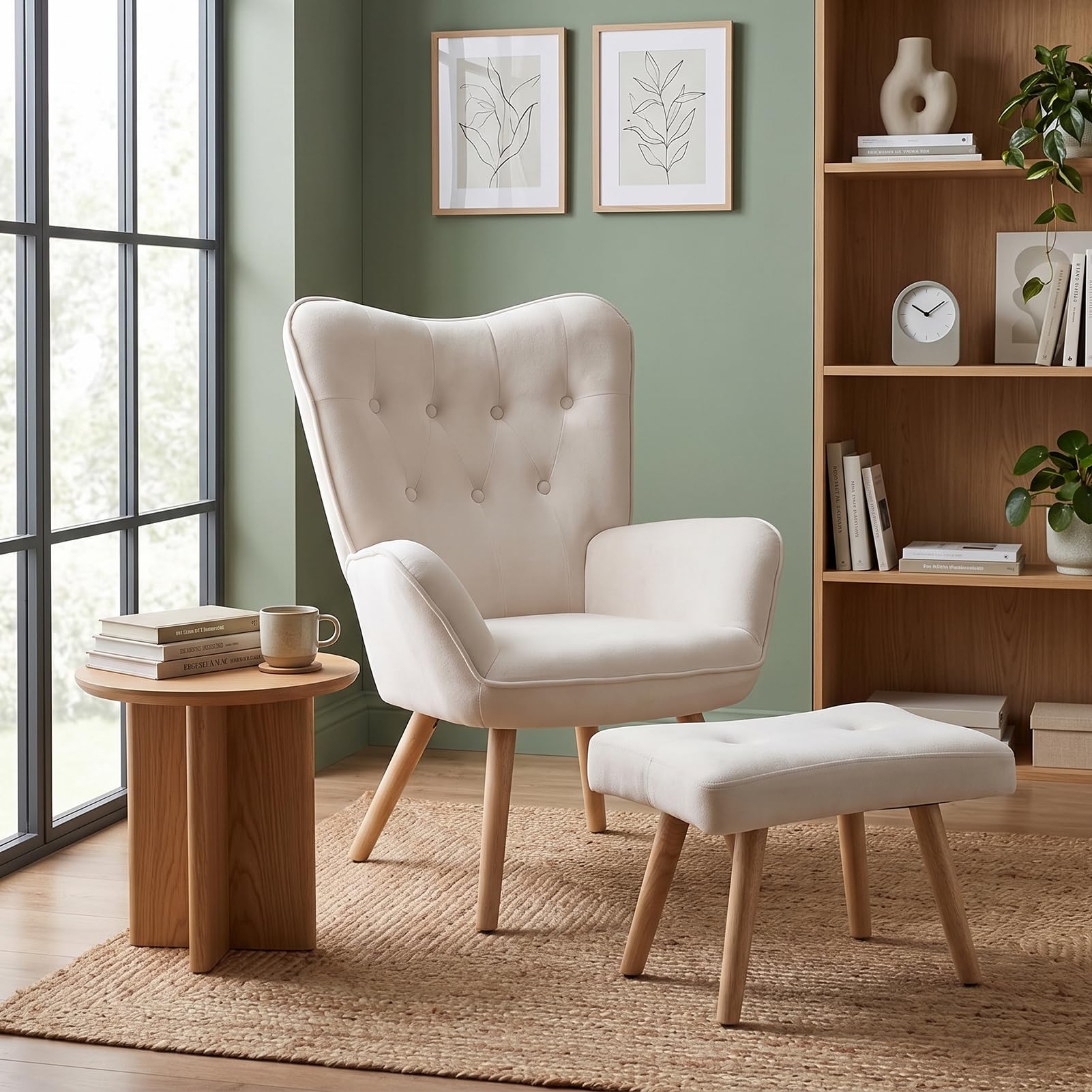 HollyHOME Poltrona con Poggiapiedi Salotto Velluto Poltrona da Lettura Relax Sedia Camera da Letto con Braccioli, Beige