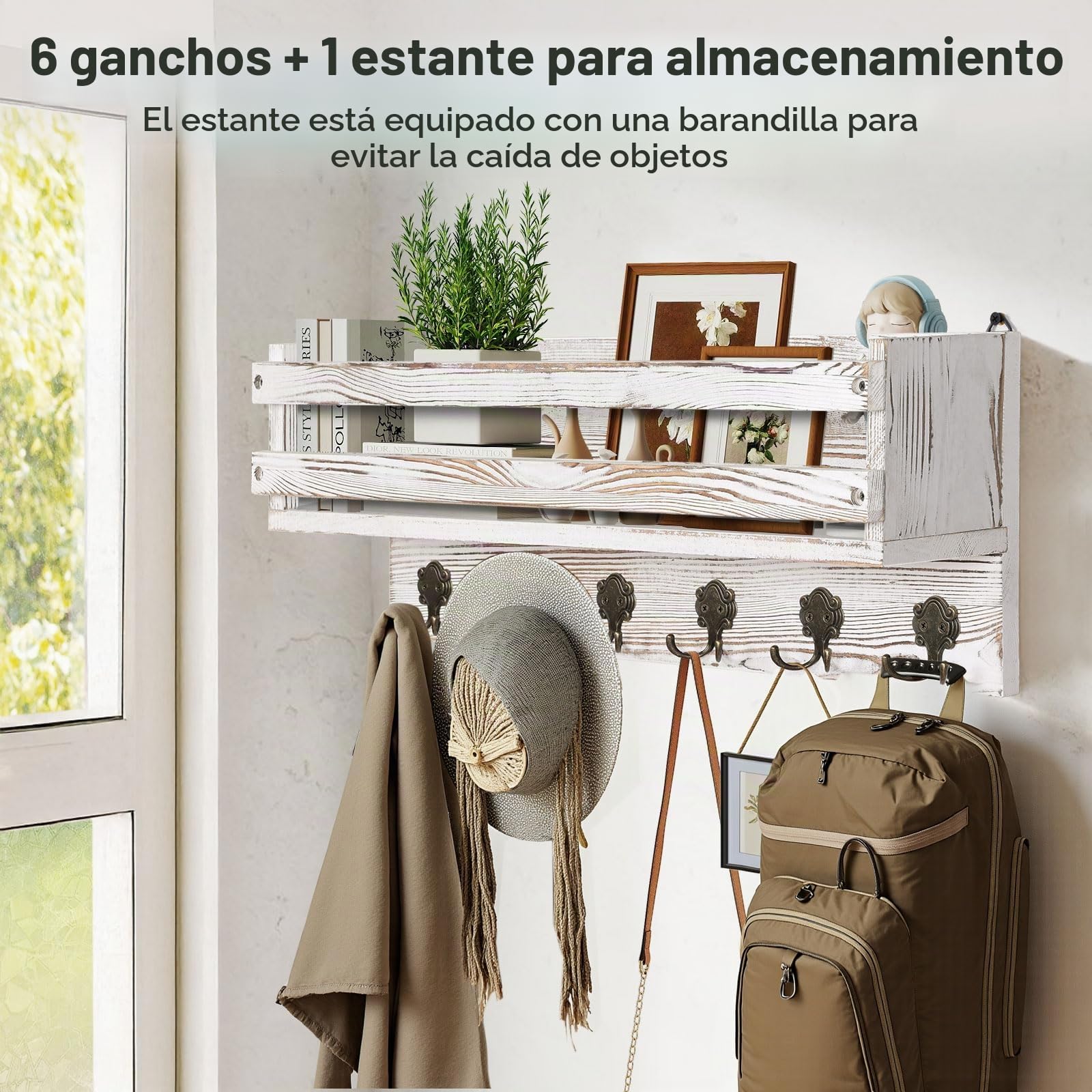 Bekrvio Perchero de madera con 6 ganchos dobles y estantes, 58 cm, troncos naturales de pared con estante, perchero de pared para entrada, dormitorio, rústico