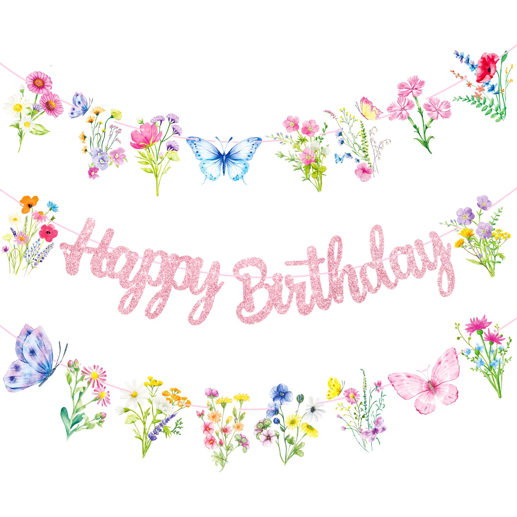 Wildflowers Happy Birthday Banners 3Pcs Pink Butterfly Theme Party Decorations for Women Girl Spring Birthday Baby Shower Supplies
