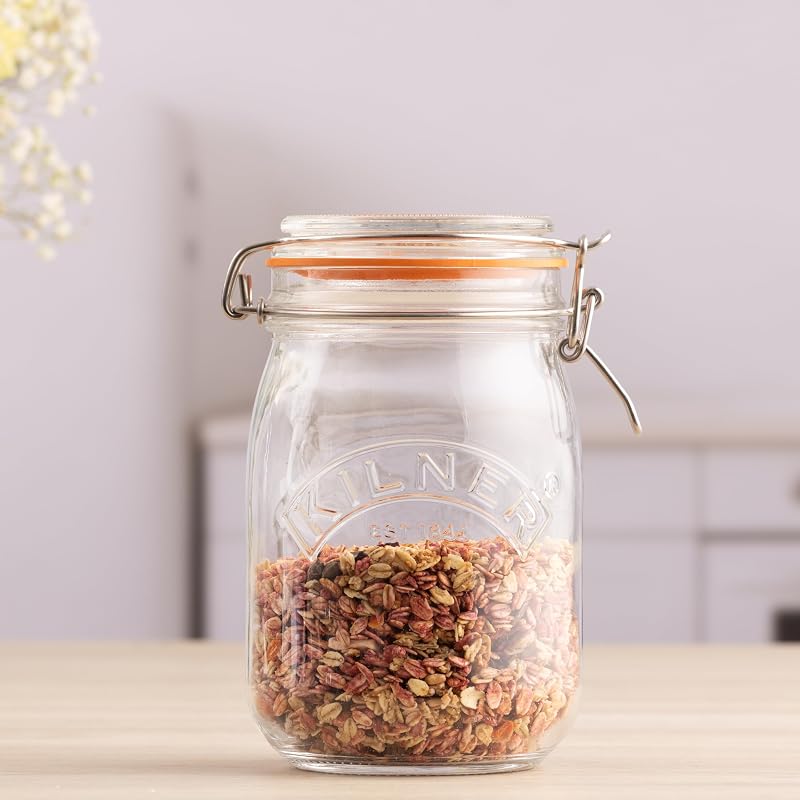 Kilner Clip Top Jar 1 Litre (1000ml) Airtight Glass Storage Jar for Preserving Fruits Vegetables Coffee Tea Rice Flour Nuts Pasta