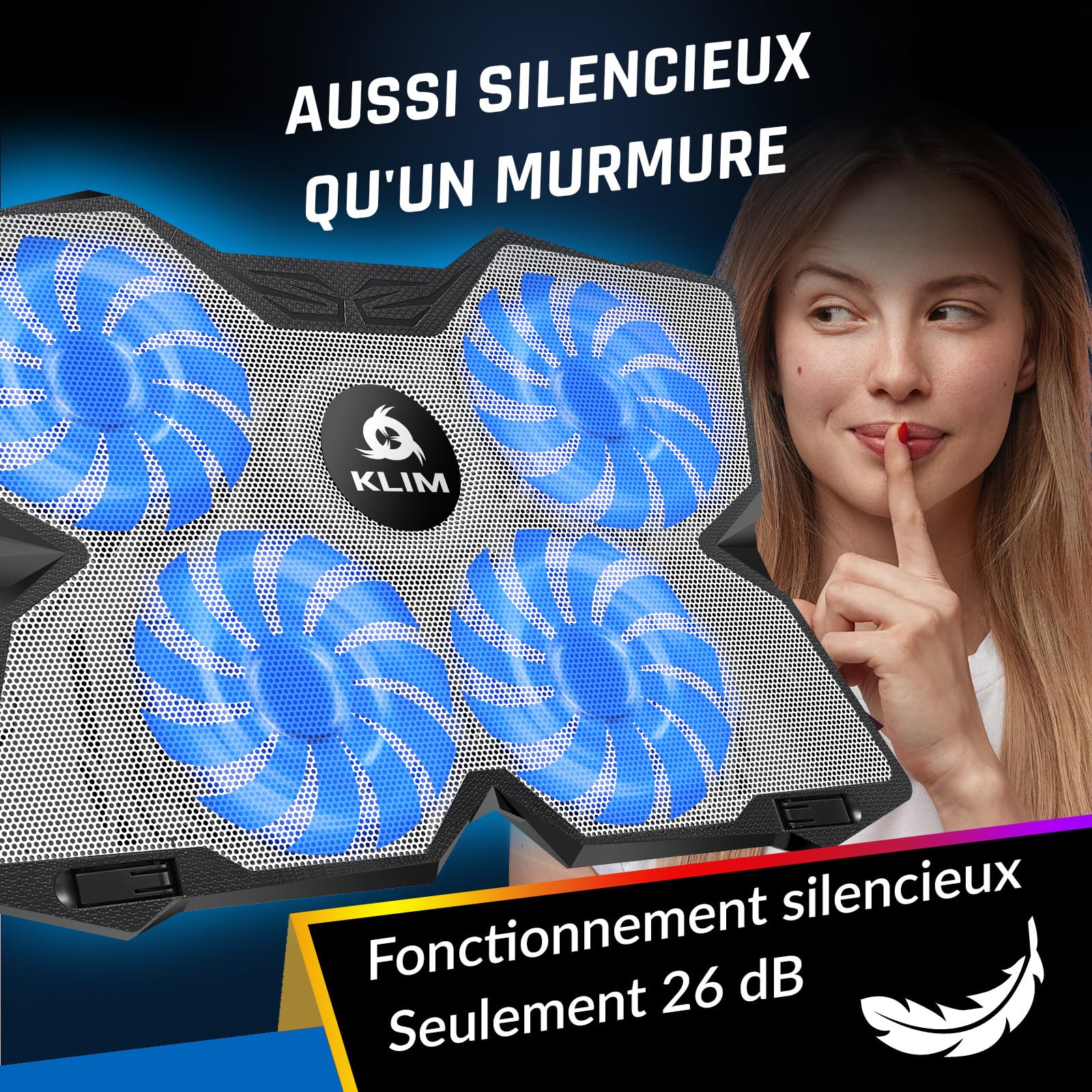 KLIM Wind - Refroidisseur Ordinateur Portable - Plus de 500 000 unités vendues - Nouveauté - Le Plus Puissant - 4 Ventilateurs Silencieux - Refroidisseur PC Portable PS5, PS4 - Blanc et Bleu