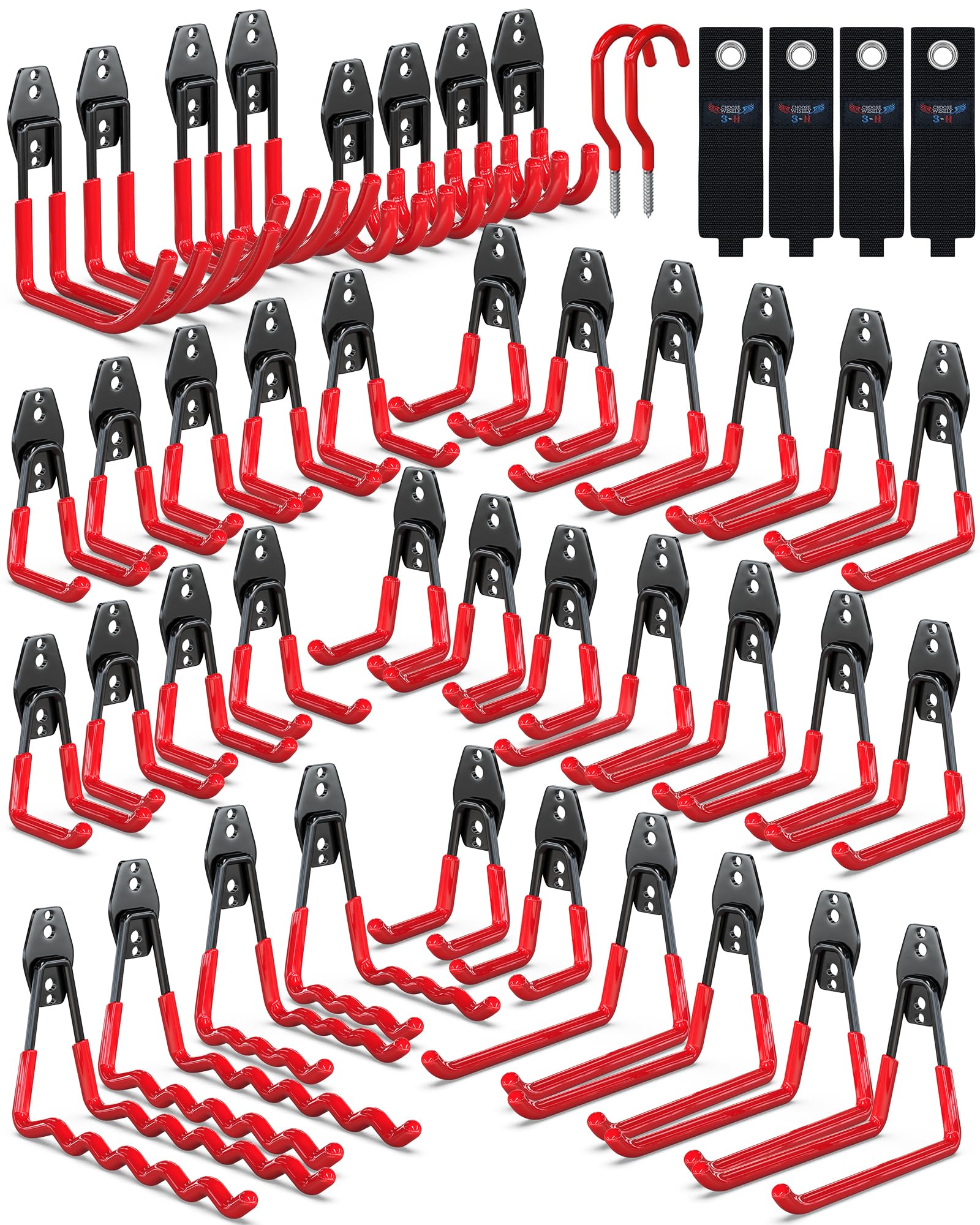 3-H Heavy Duty Garage Hooks, 46 Pack Wall Storage Organizer,Red