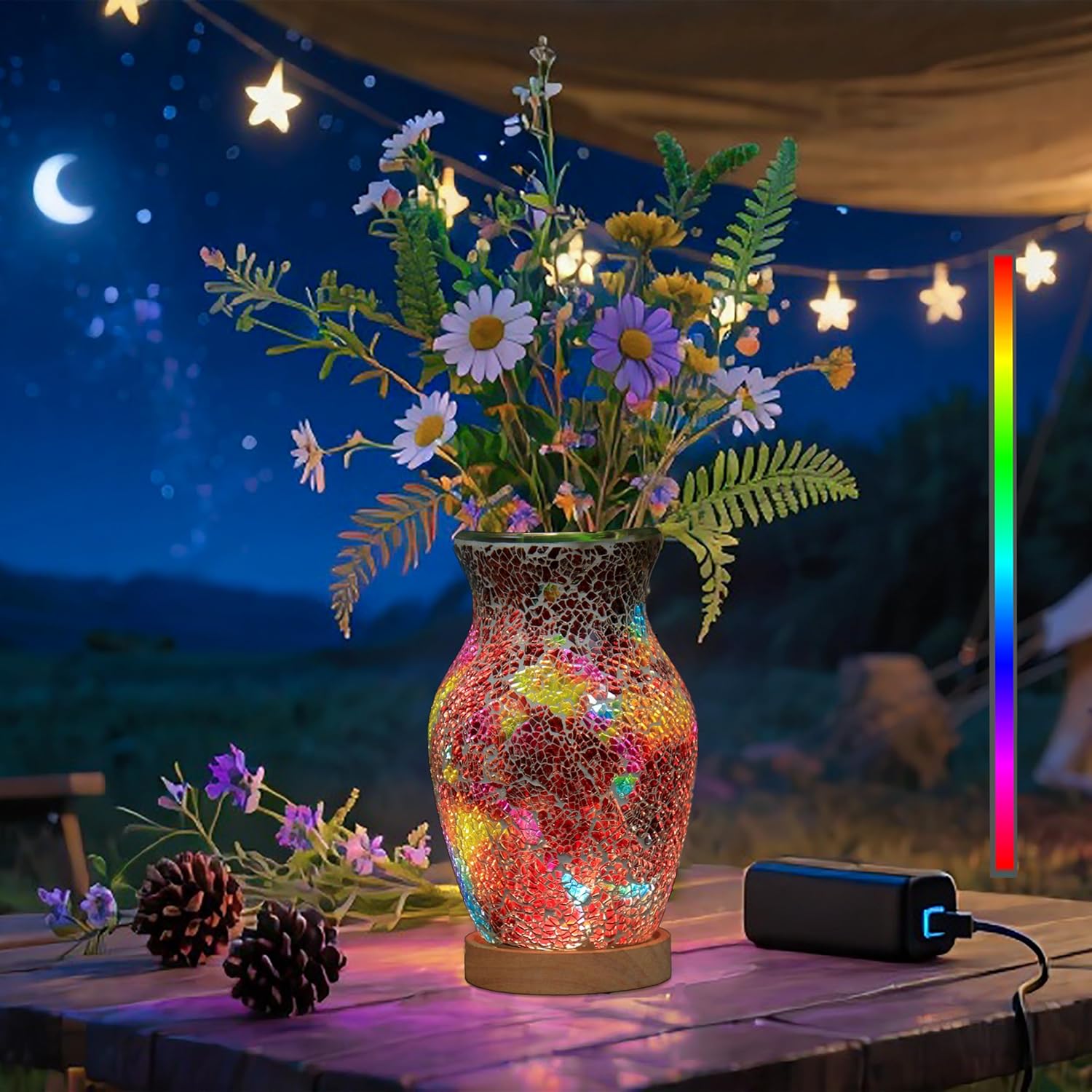 8-Inch Handcrafted Mosaic Cracked-Ice Vase Bedside Lamp with USB-Powered LED Wooden Base,Single-Switch Auto-Cycle RGB Mood Light, Ruby Red Vase USB Night Light for Party,Camping Decor