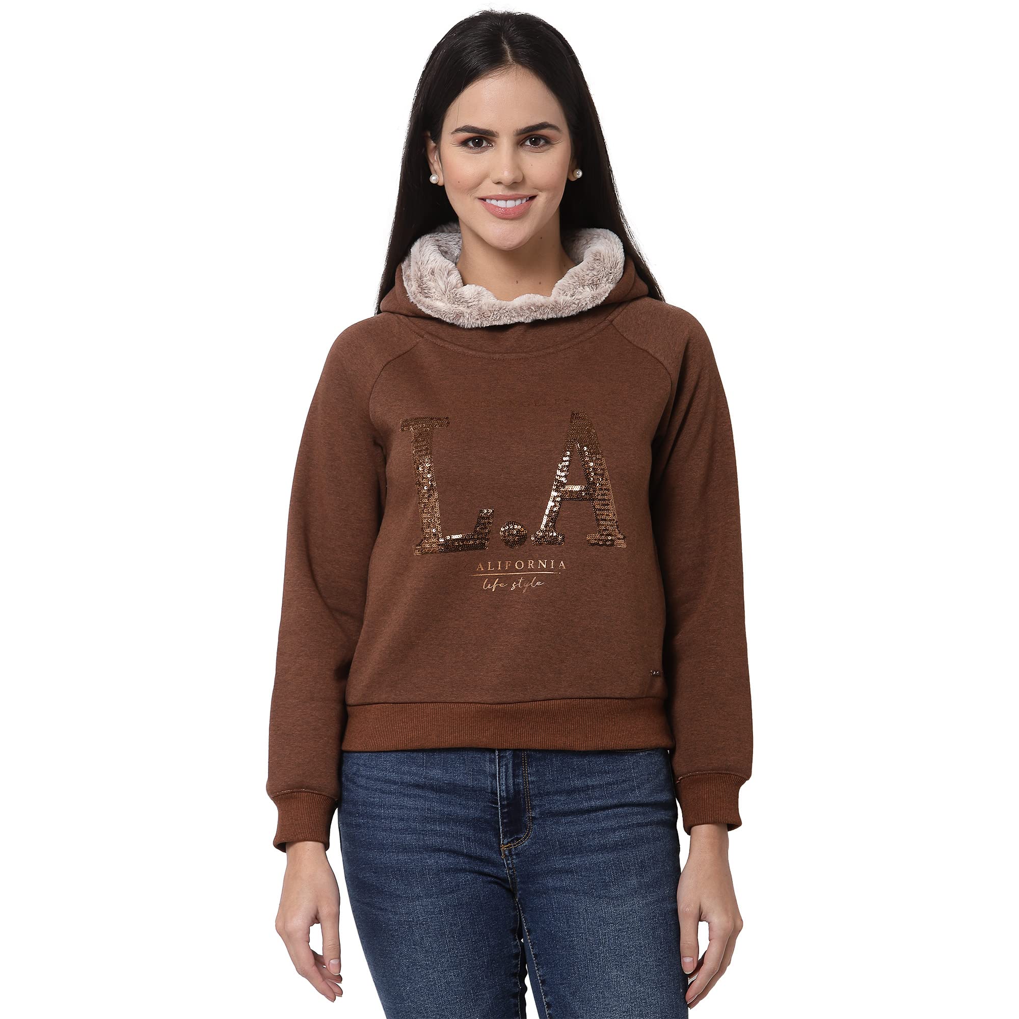 Juelle Women Embellished Brown Hooded Fleece Sweatshirt