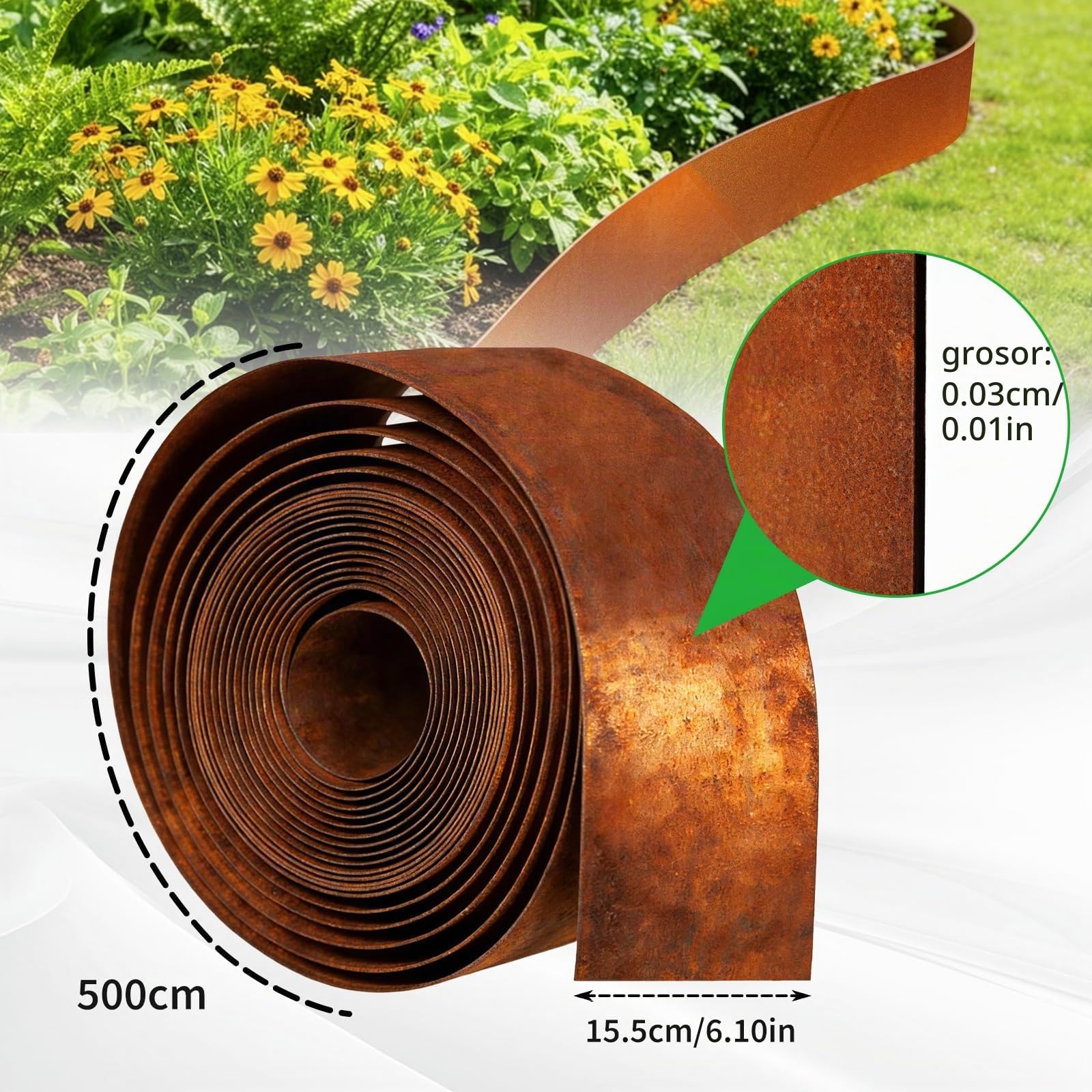 Bordura Acero Corten 5m X 15.5cm - Borde Jardin Flexible Y Resistente a La Intemperie - Separador De Césped Y Parterres con Aspecto Oxidado Natural, Fácil Instalación | Cercado flexible de metal con aspecto oxidado, resistente a la intemperie y borde de c