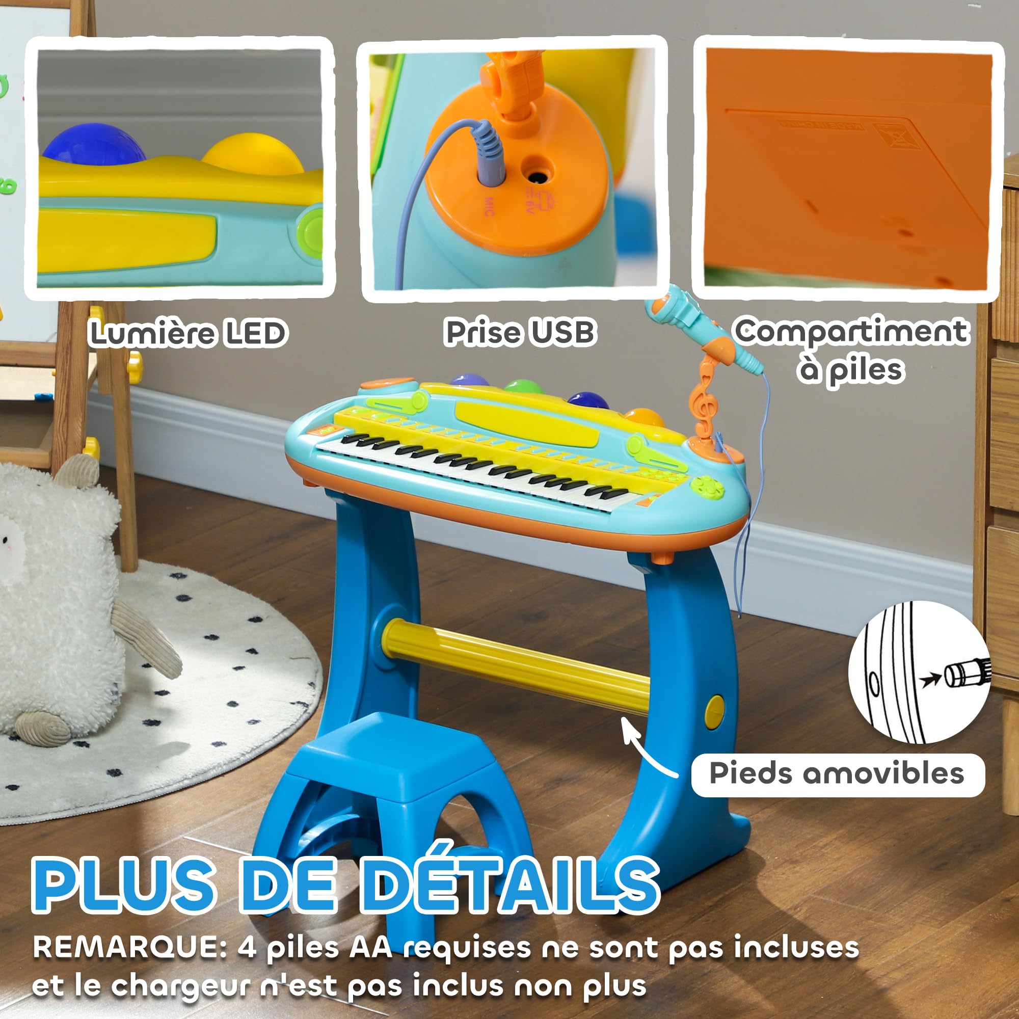AIYAPLAY Piano Enfant Électronique Clavier 37 Touches Micro 3 à 6 Ans Bleu | Tabouret, Lumière LED, Fonction d'Enregistrement et de Relecture, Instrument de Musique Enfant