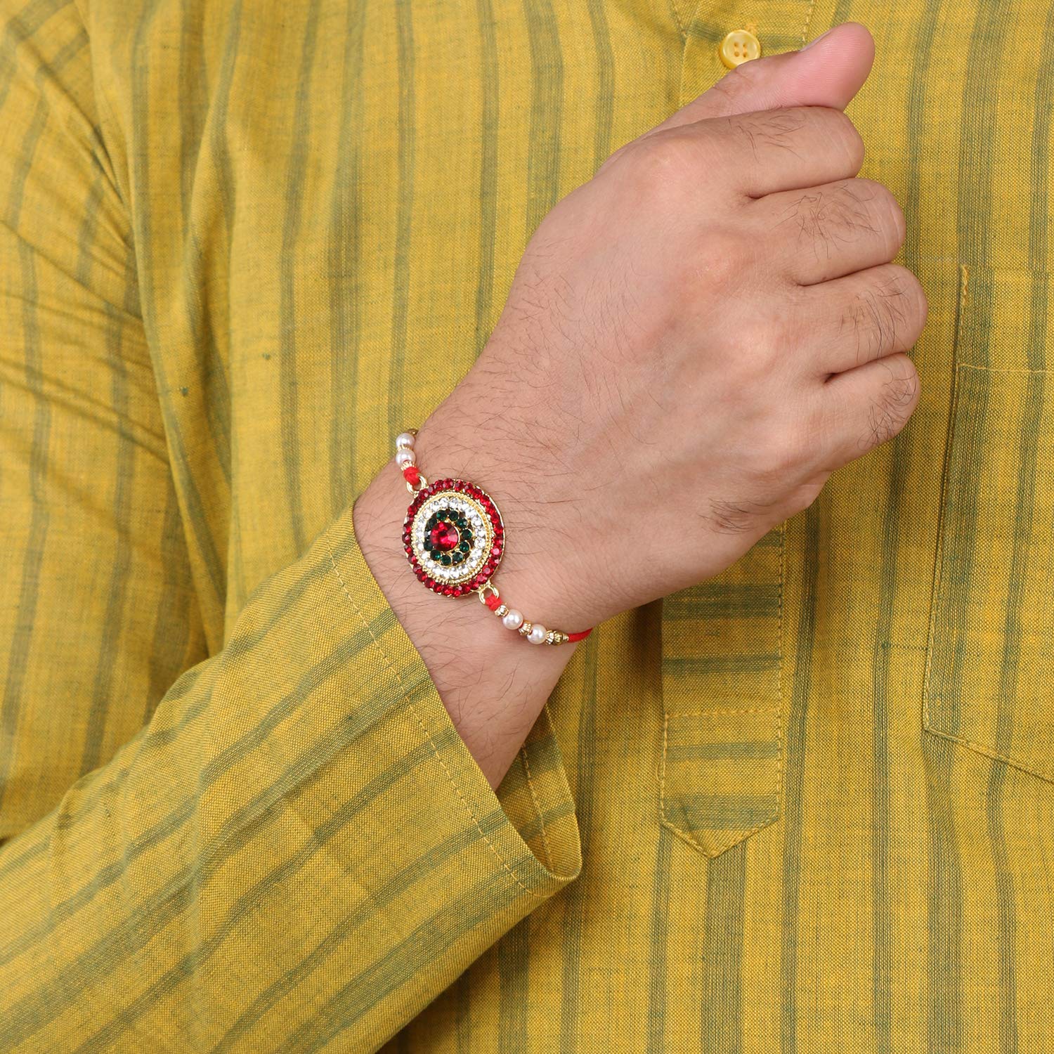 LIVE EVIL Mens Trendy Gold Plated Jaipuri Beads Work Rakhi For Brother Sister With Raksha Bandhan Greeting Card Having Traditional Ethnic Unique Design Specially Hand Made By Indian Craftsman 1