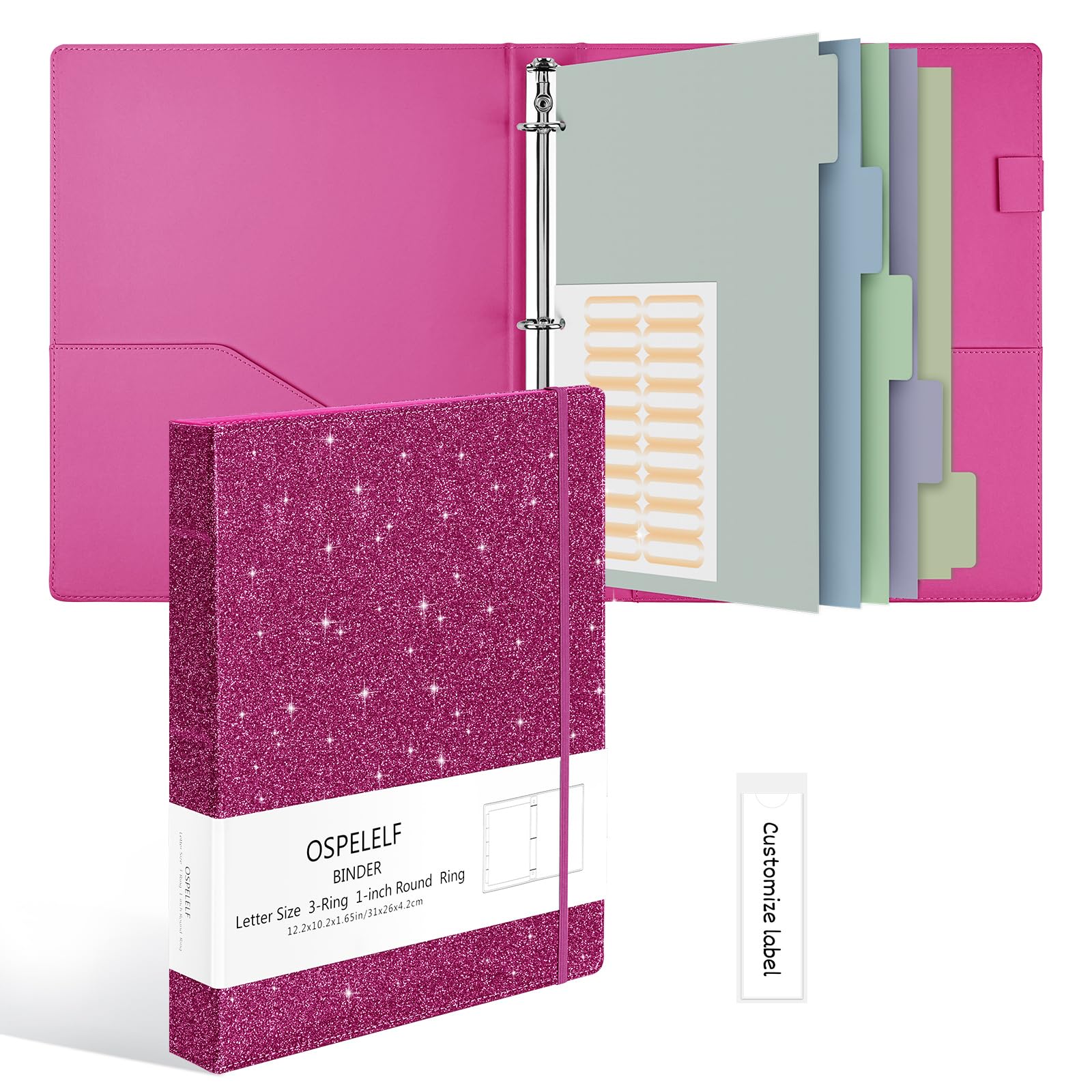 Ospelelf Vintage Hardcover 3 Ring 1 inch Leather Binder, Professional Binders Organizer Suitable for Letter Size Documents, Binder Dividers with Tabs, Glitter Rose Red