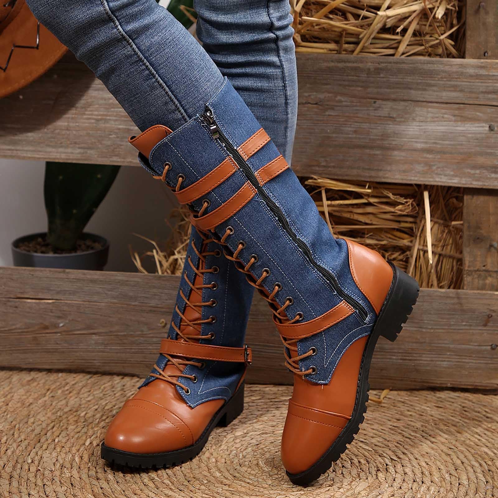 Generisch Stivali da equitazione invernali Stivaletti alla moda in pelle scamosciata e camoscio per l'inverno con allacciatura e suola comoda e spessa