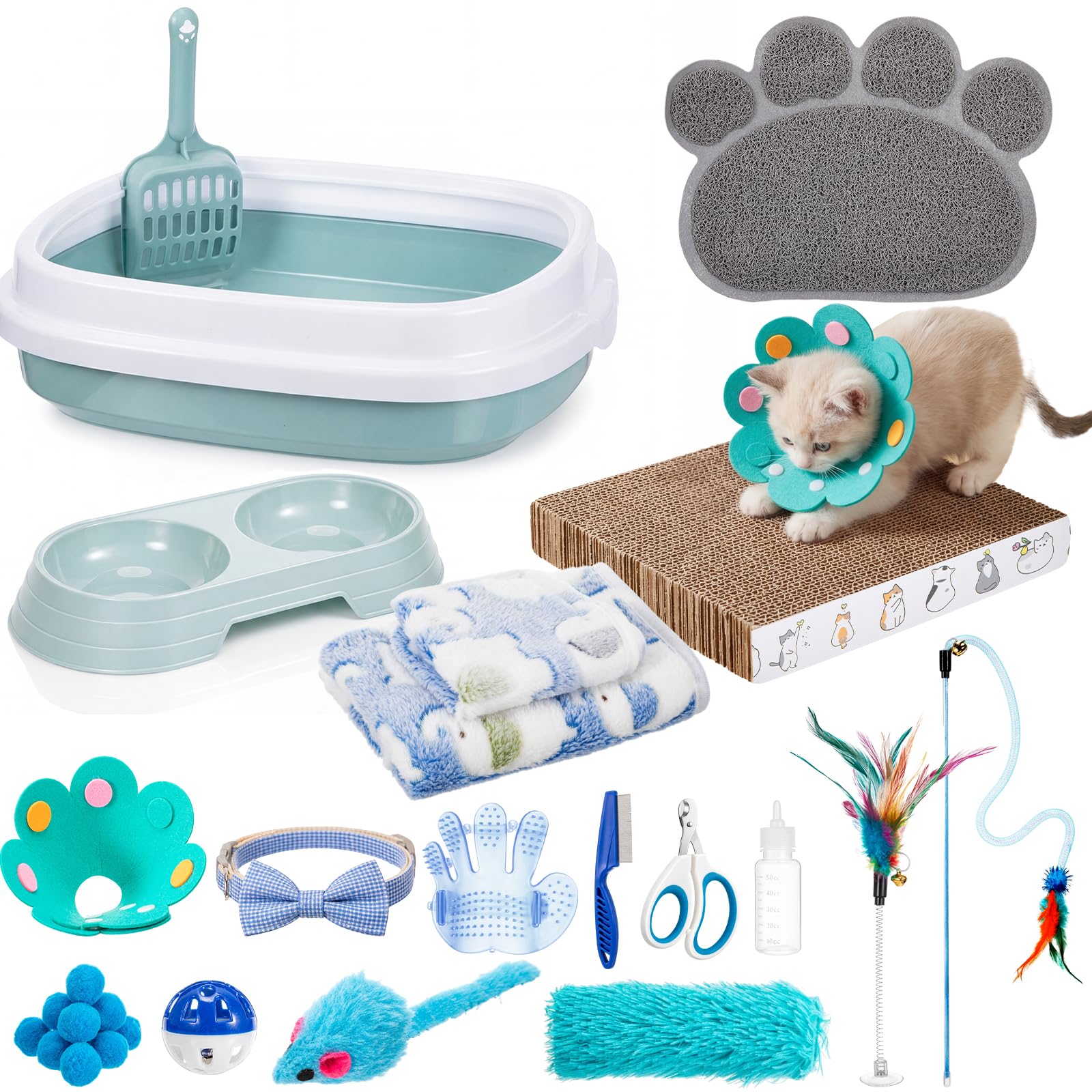 Leitee Kitten Starter Kit, 28 Pcs Cat Kitten Starter Kit Cats Essentials Set Includes Litter Box with Shovel, Toy, Paw Litter Mat, Collars, Nail File, Cat Bottle, Blanket for Kittens Supplies (Blue)