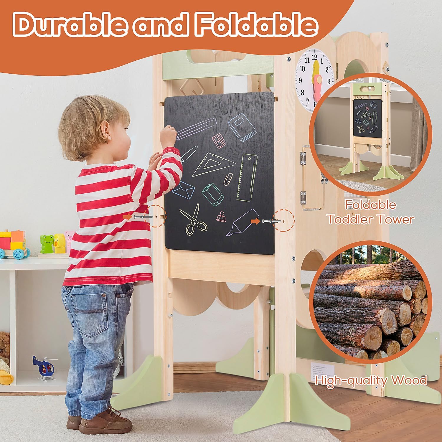 6 in 1 Toddler Tower with Removable Ladder, Foldable Wooden Kitchen Step Stool for Kids, Adjustable Children Helper Tower for Baby, Standing Tower with Safety Equipment and Black Board