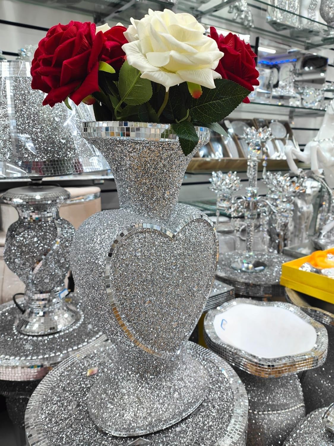 Deenz Silver Heart Shape Crushed Diamond Glitter Sparkle Flower Vase Luxury Home Decoration Flower Pot For Gift (40 Cm)