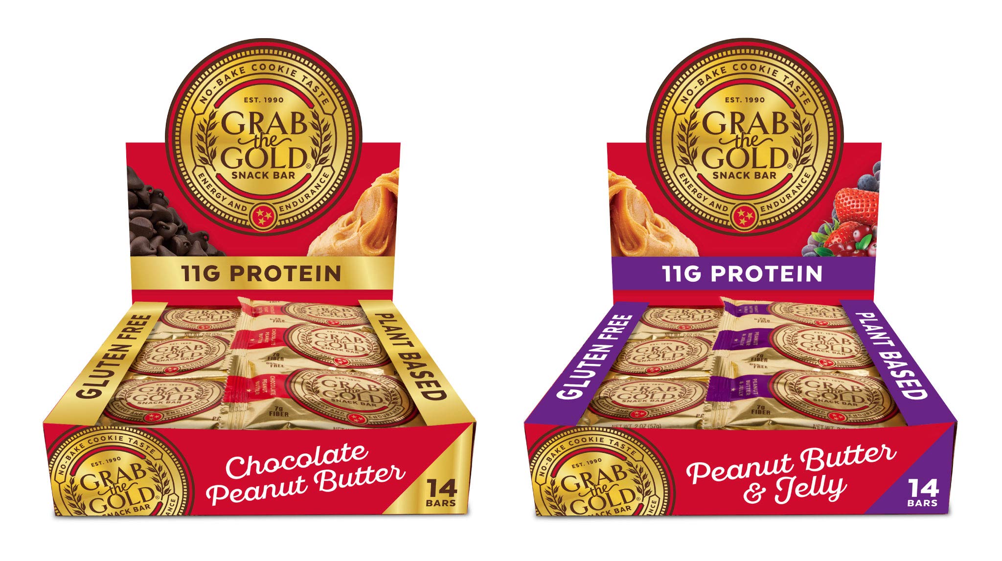 Grab The Gold Protein Snack Bar Bundle | Plant-Based Protein, Gluten-Free, Vegan, Dairy-Free, Kosher | 28 Count Variety Pack 14 Chocolate Peanut Butter & 14 Peanut Butter & Jelly, Made in USA