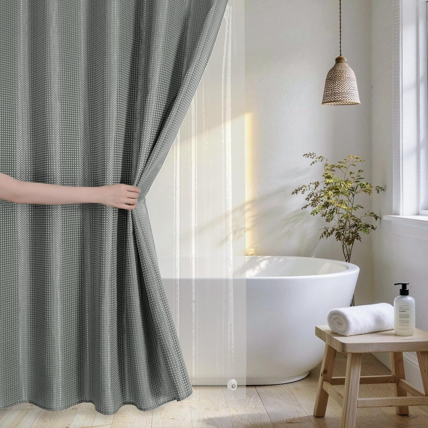 QiyI 3 in 1 Shower Curtain Set, Grey Waffle Shower Curtain and Liner Set with 6 Double Shower Curtain Hooks, Waterproof Fabric Hotel Bathroom Curtain with PEVA Liner & Clear Plastic Rings, 36 x 72