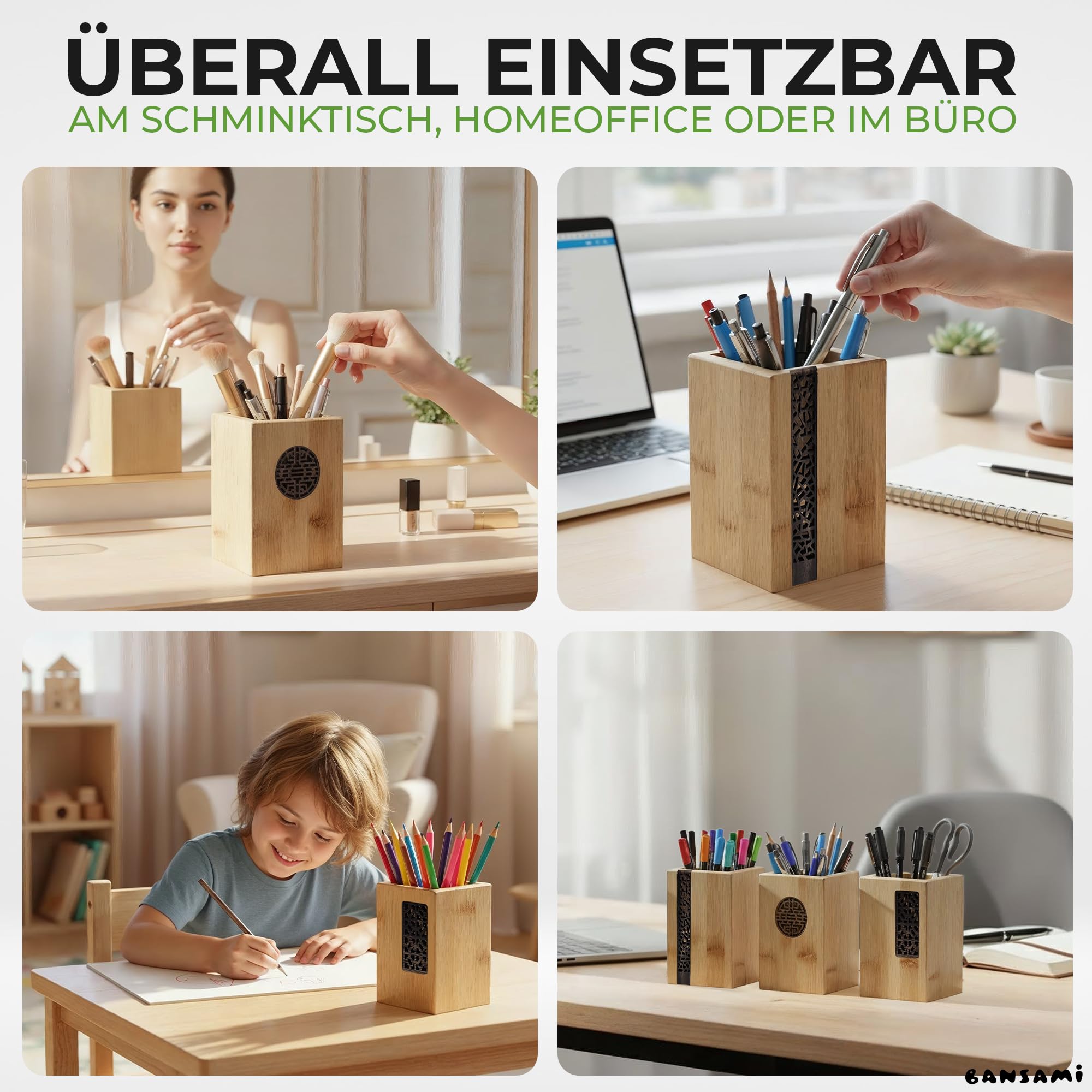 Lot de 3 pots à crayons en bambou - Pot à crayons et porte-pinceaux avec insert décoratif en bois - Organisateur pour bureau, maquillage et cosmétiques (lot de 3)