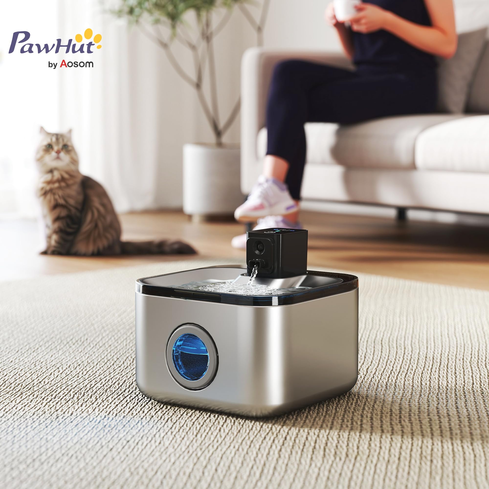 PawHut Fontana di acqua per gatti automatica senza fili in acciaio inox 4.2L con indicatore LED, pompa ultra silenziosa, batteria da 4000 mAh, erogatore acqua gatto con caricatore USB, argento