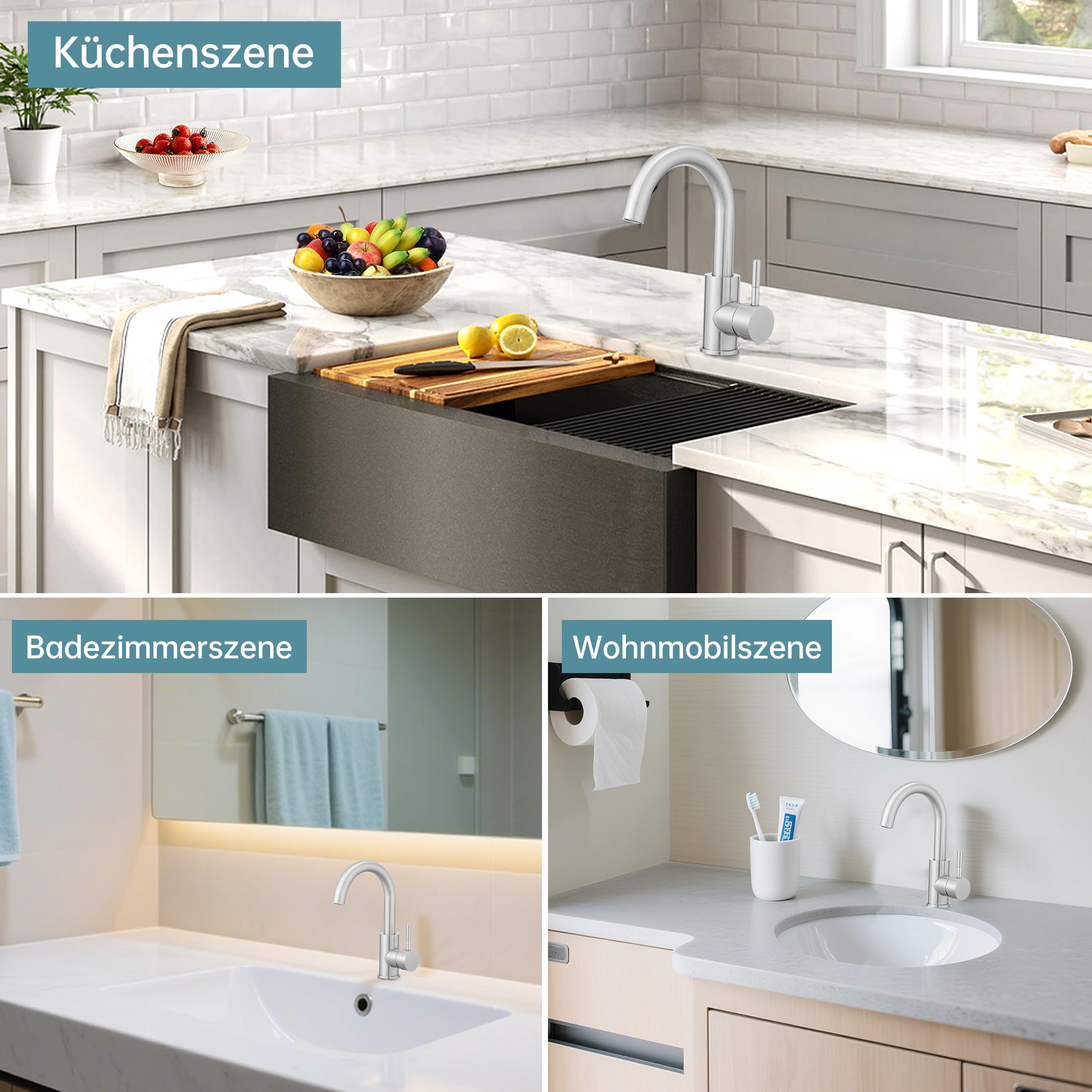 Fransiton Rubinetto da bagno alto, girevole a 360°, a risparmio d'acqua, con miscelatore ad acqua calda/fredda, facile da montare per bagno/cucina, piccolo camper (acciaio inox)