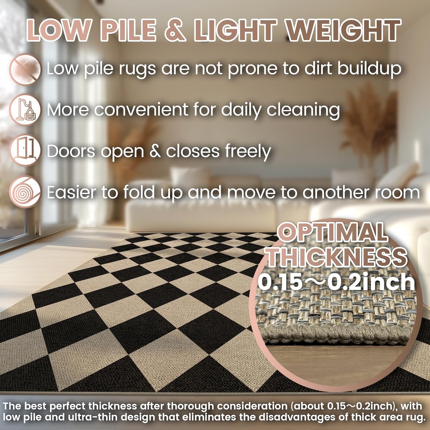 Washable Checkered Easy Jute Rug, 3x5 Black Diamond Checkerboard Boho Geometric Outdoor Indoor Patio Small Rugs, Low Pile Lightweight Non Slip Carpet Door Mat for Bedroom Entryway Front Door Farmhouse
