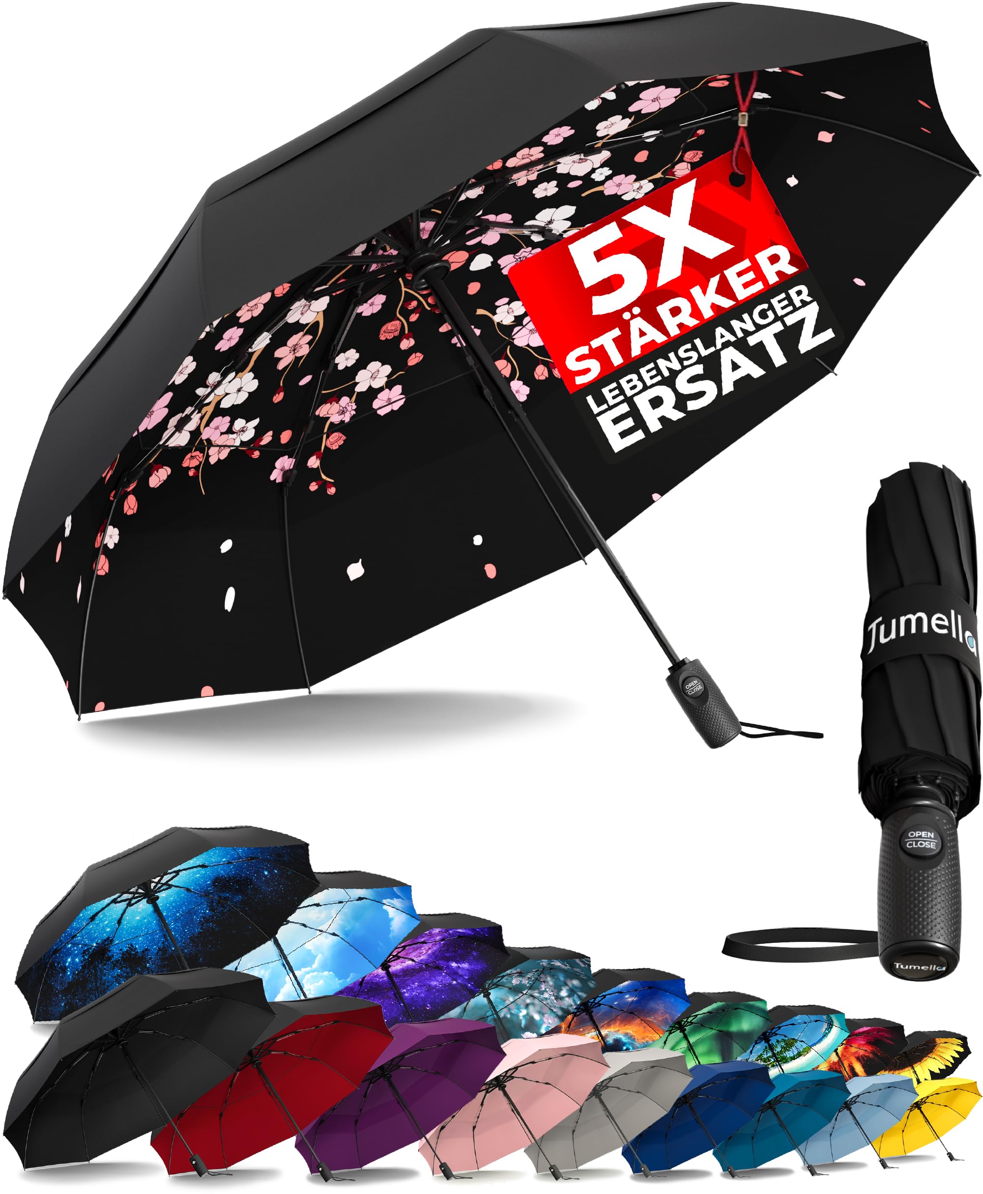 TUMELLA Stärkster windfester Reiseschirm (kompakt und hochwertig), kleiner, robuster, aber leichter, tragbarer und automatisch zusammenklappbarer Regenschirm, langlebiger Premium-Griff Blütenrosa
