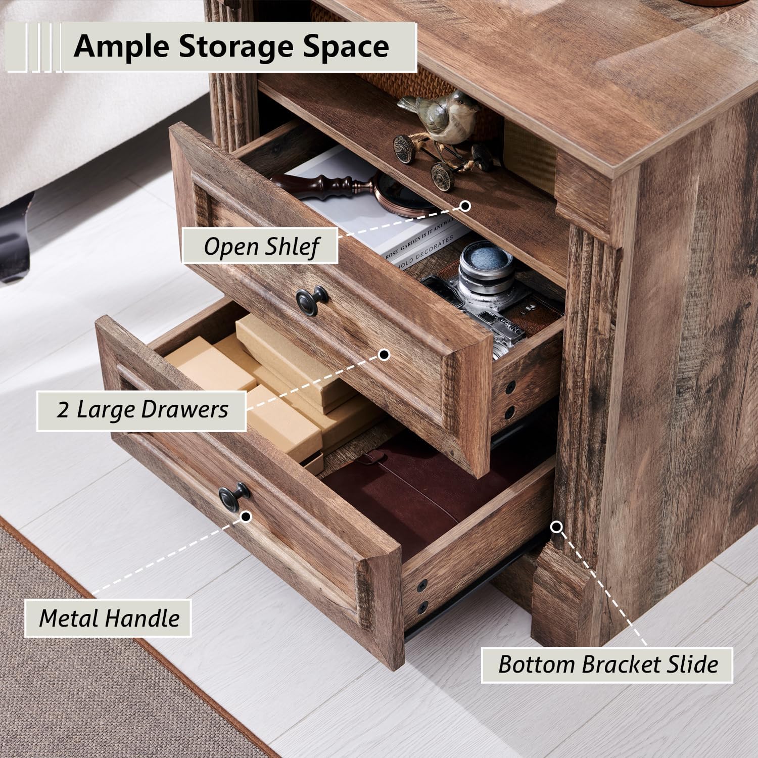 View of the Aitjunz nightstand's open shelf and two drawers, illustrating storage capacity for books, decorative items, and personal belongings.