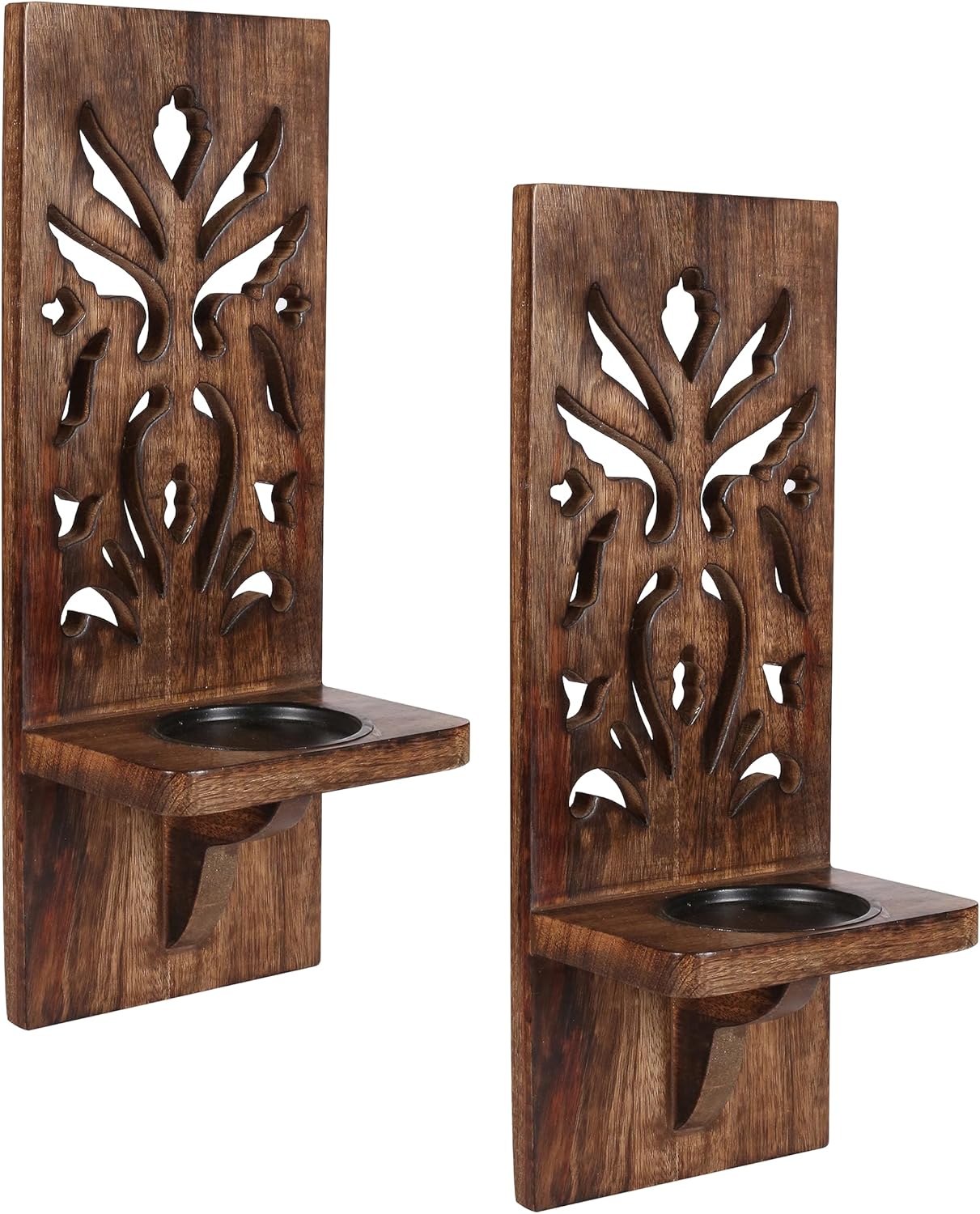 Burnt Wood Wall Sconces (Set of 2) - Wall Mounted Pillar Candle Holders, Wooden Candle Sconces for Christmas Decoration, Rustic Walls Décor for Living Room & Bedroom - 16 Inch 16 Inch Carved Burnt
