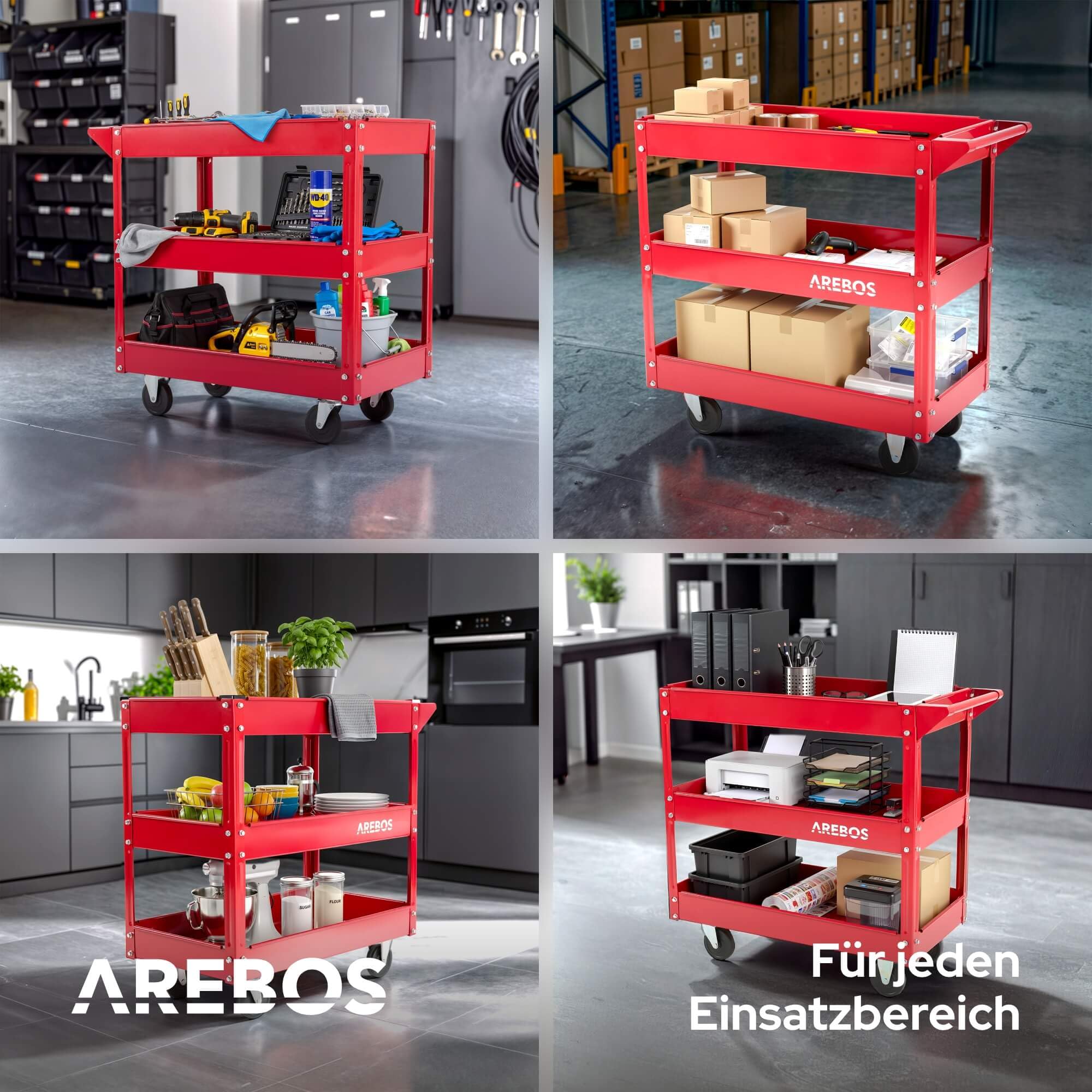 Arebos Werkstatt-Rollwagen | Montagewagen mit 3 Ablagefächern | bis 120 kg belastbar | robuster Werkzeugwagen aus Stahl | Mobile Transporthilfe mit 2 Lenkrollen | für Werkstatt, Garage & Hobbyraum