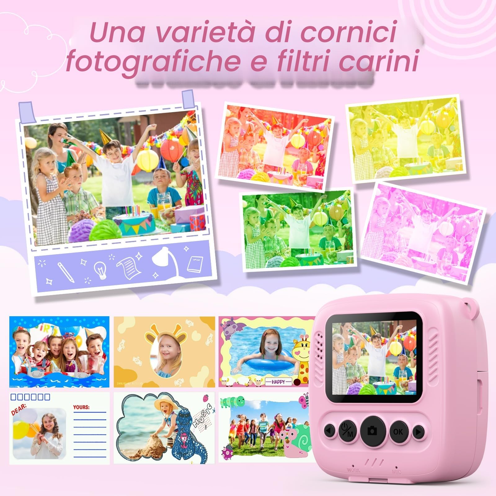 CalineGam Macchina Fotografica Bambini Istantanea, 2.0 Pollici Fotocamera Digitale Bambini con 32GB Scheda e Carta Fotografica, Regali di Natale Compleanno per 4 5 6 7 8 9 10 Ragazze Ragazzi (Rosa)
