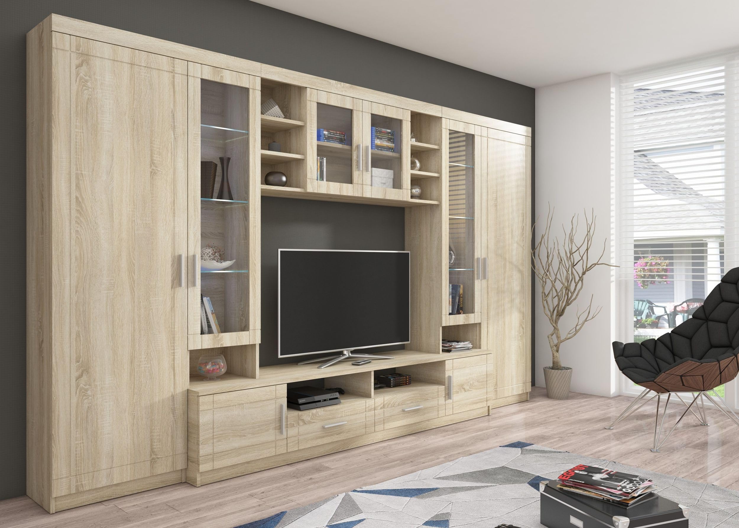 Wohnwand Paris – Schrankwand und Anbauwand für Wohnzimmer in Sonoma Eiche matt (4-teilig)