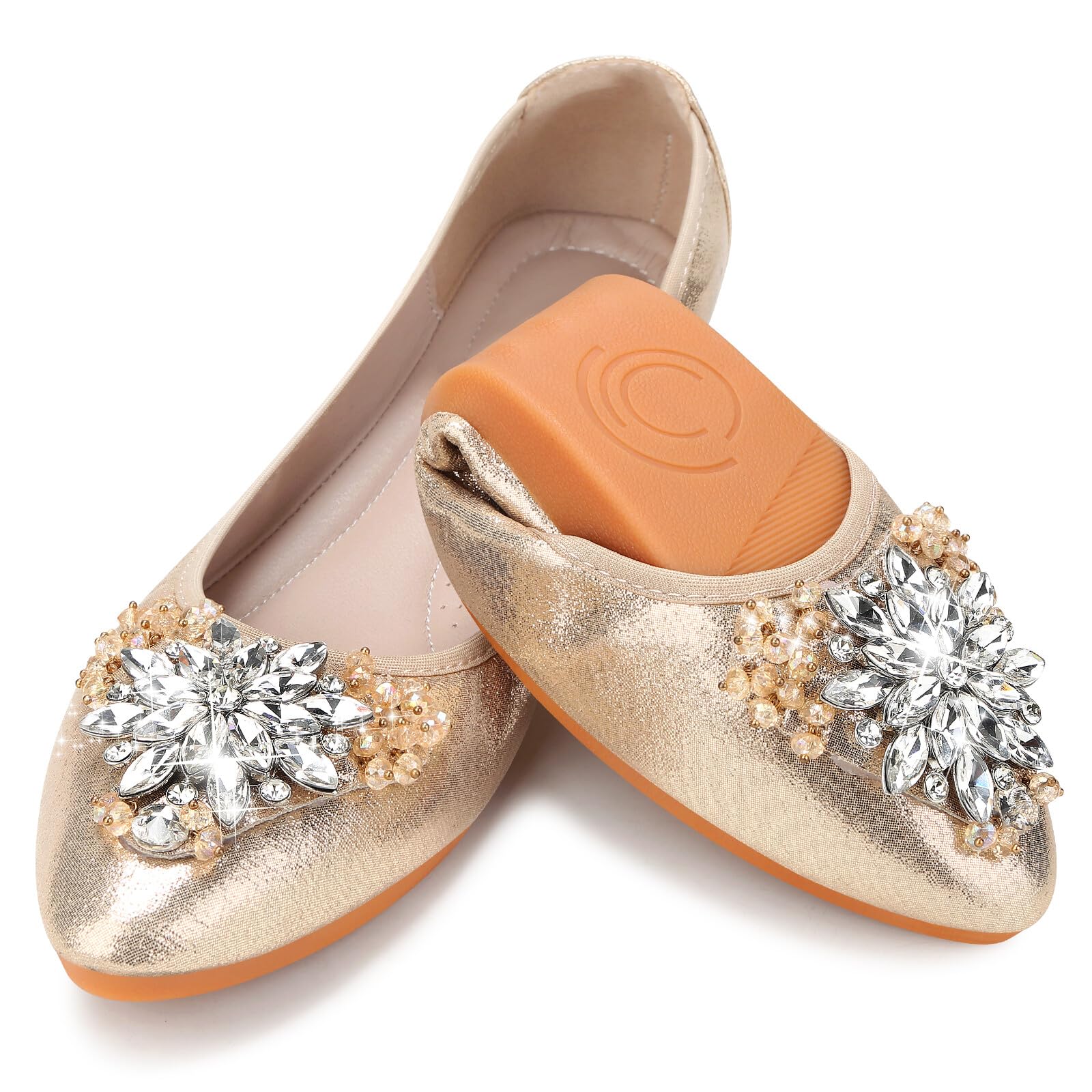 KUNWFNIX Women Ballet Flats Rhinestone Wedding Ballerina Shoes Foldable Sparkly Comfort Slip on Flat Shoes