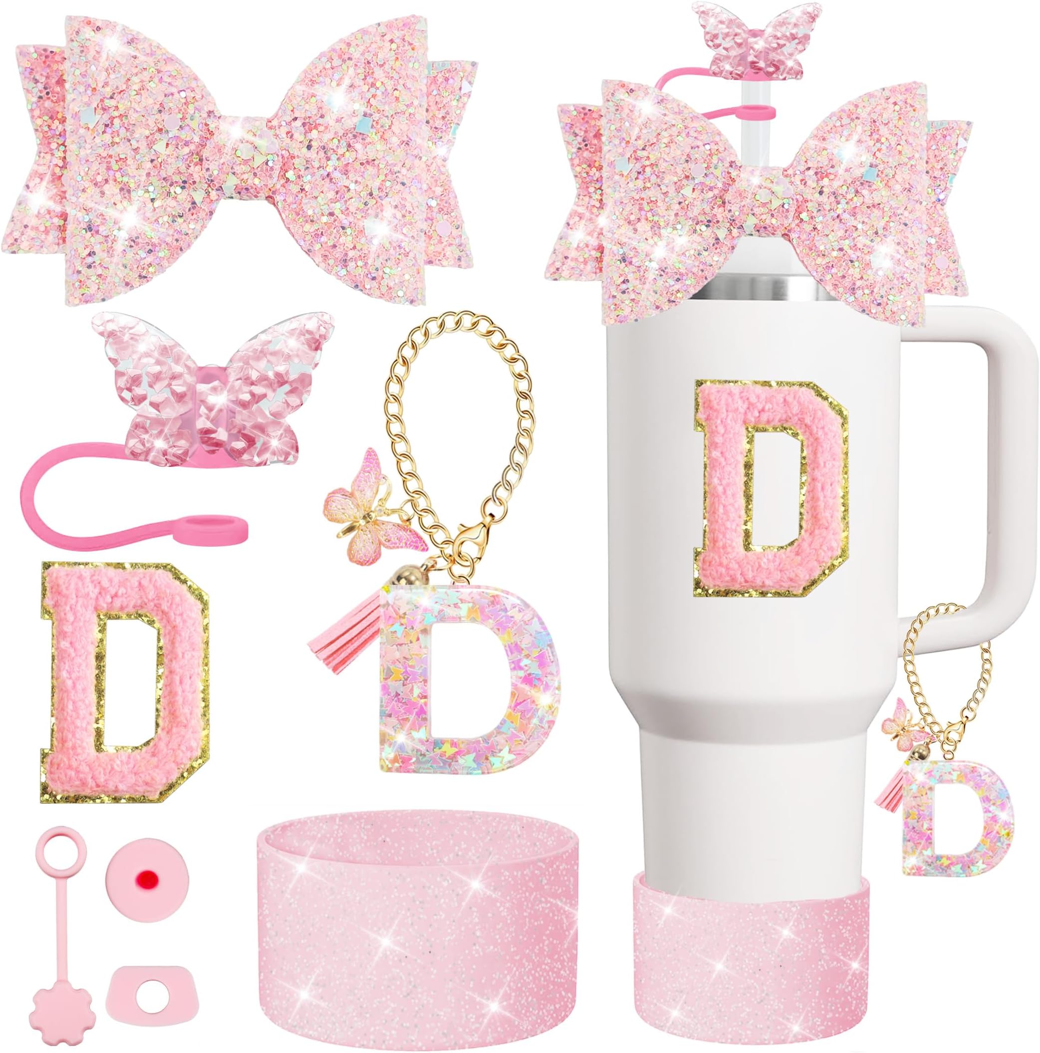 XIANGYUAN 8PCS Stanley Cup Accessories Set for Stanley Cup 30oz 40oz Tumbler with Handle,Including Straw Topper Cover Cap and Boot,Spill Proof Stopper,Handle Charm,Initials Sticker (Pink D)