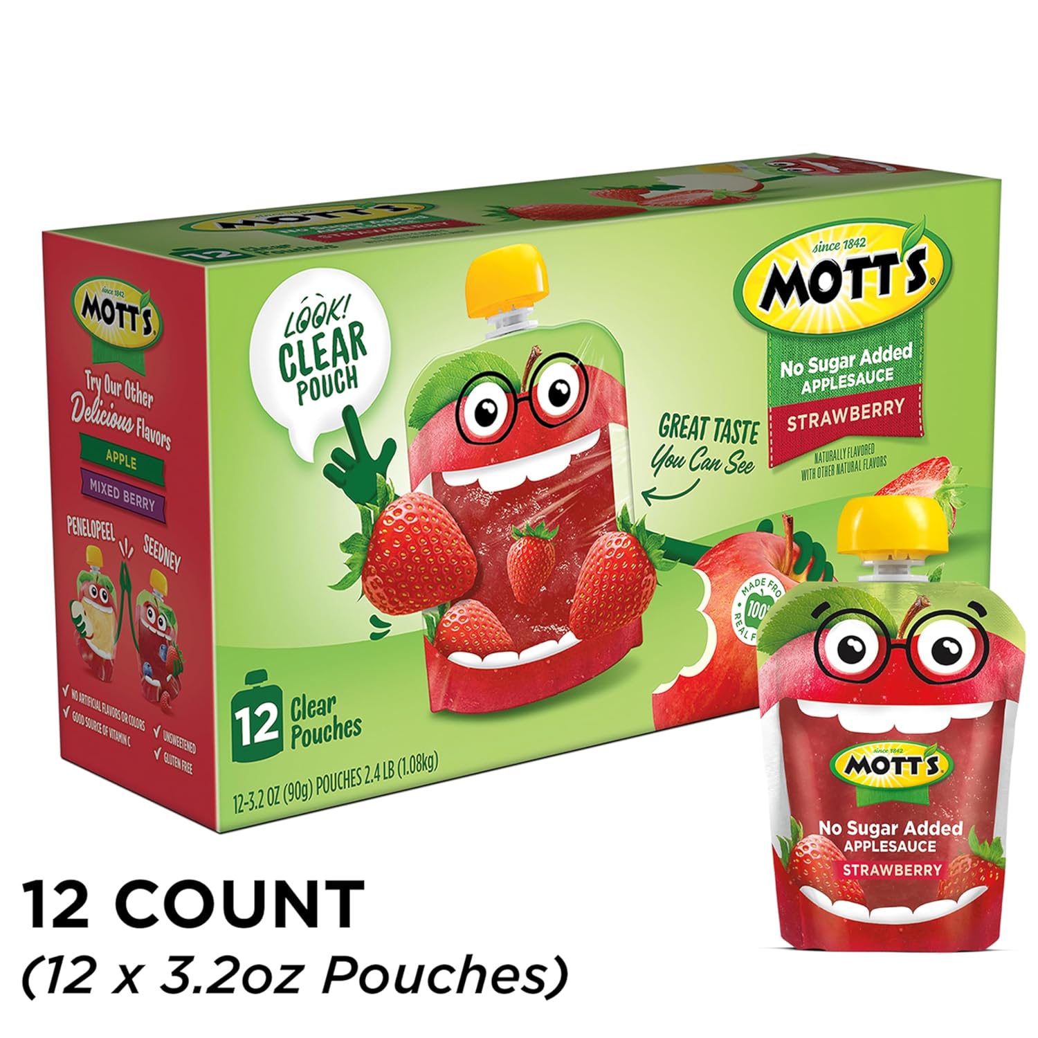 Mott's No Sugar Added Strawberry Applesauce, 3.2 oz clear pouches, 12 count