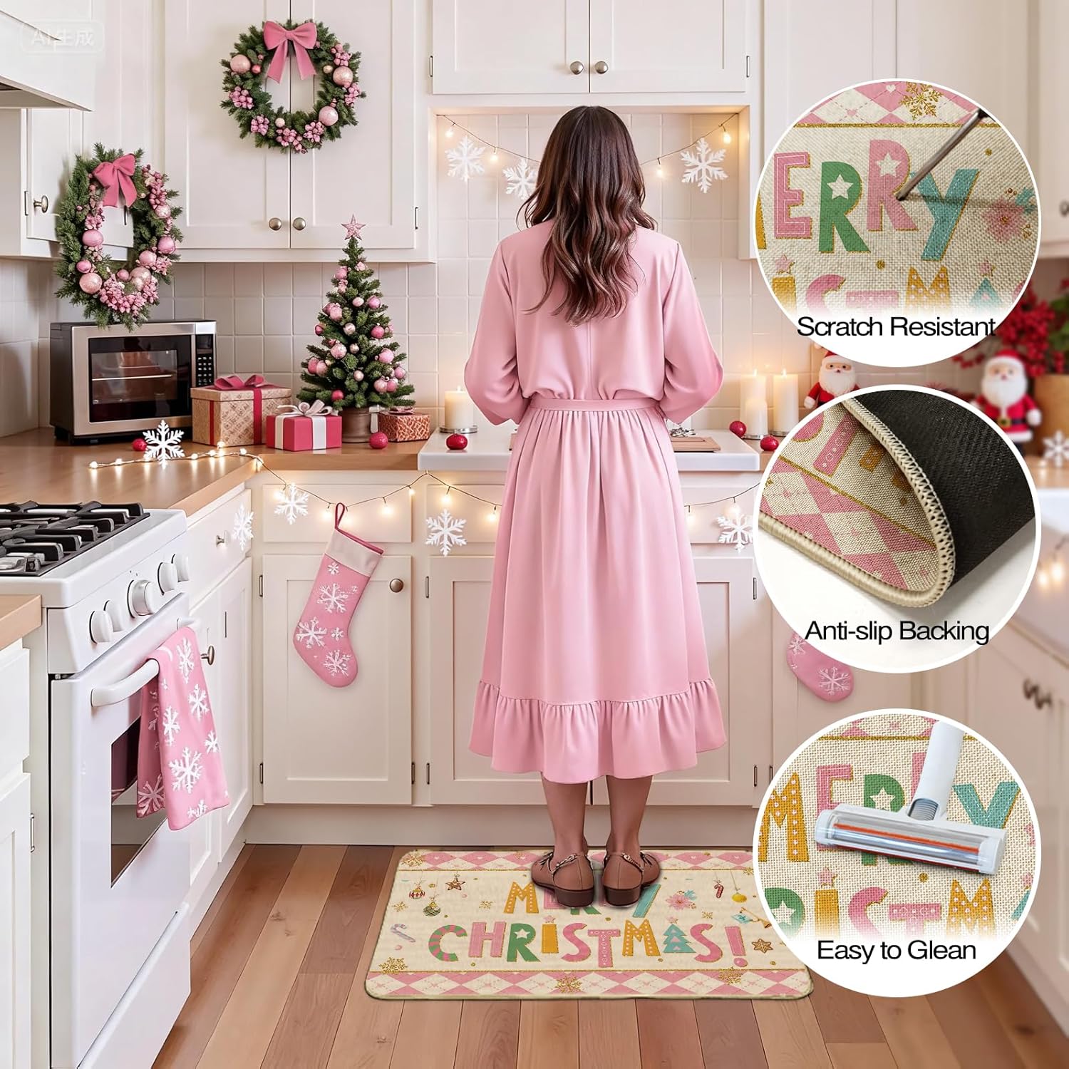 Mocsicka Christmas Nutcrackers Kitchen Rugs Set of 2, Pink Christmas Nutcracker Non Slip Kitchen Mats Xmas Winter Home Decor Kitchen Floor Rugs for Hallway Laundry Room, 17"x30"+17"x47"