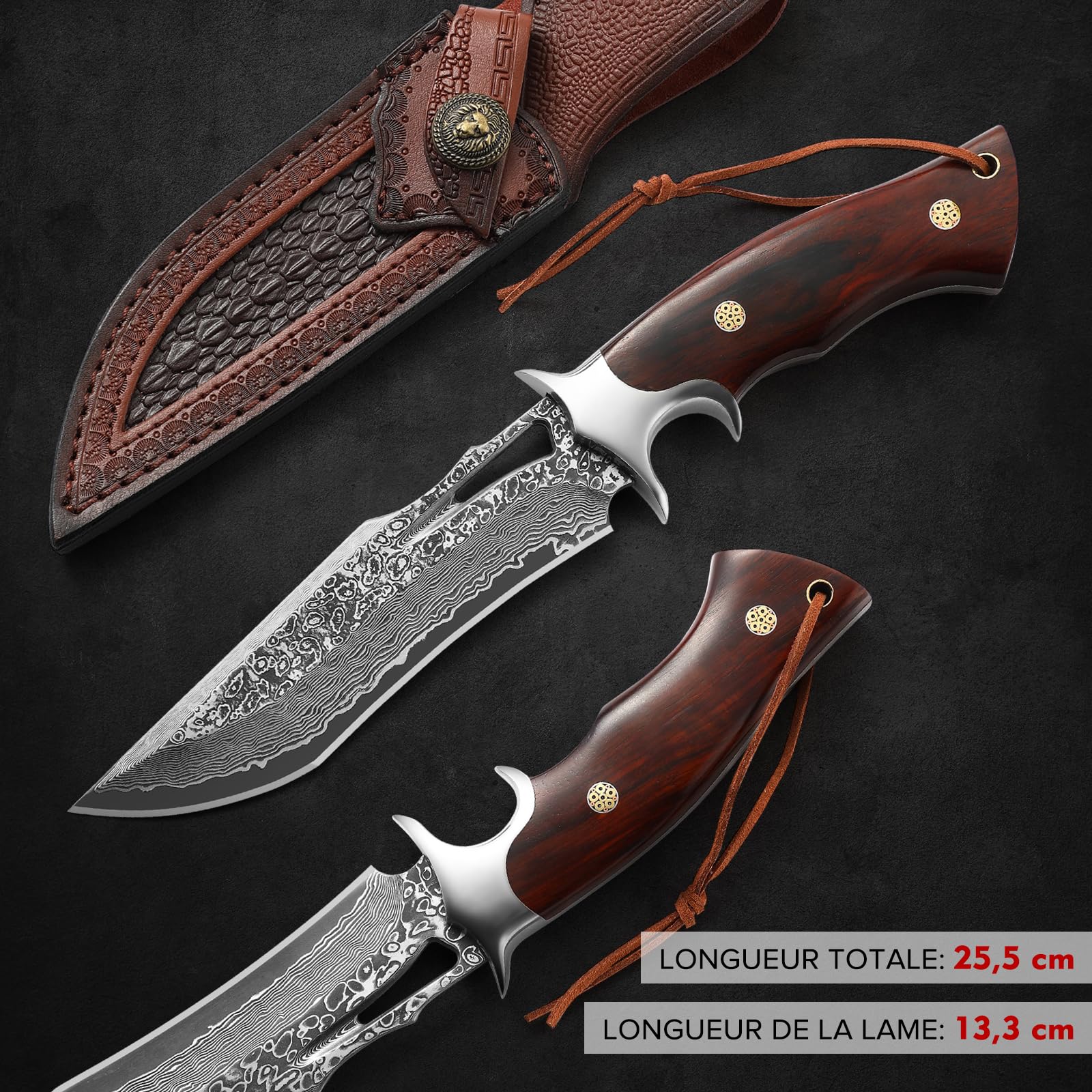 Omesio Couteau de Survie en Damas Forge à la Main, Style Japonais - Couteau d’extérieur à Lame Fixe avec Poignée en Bois et Étui en Cuir
