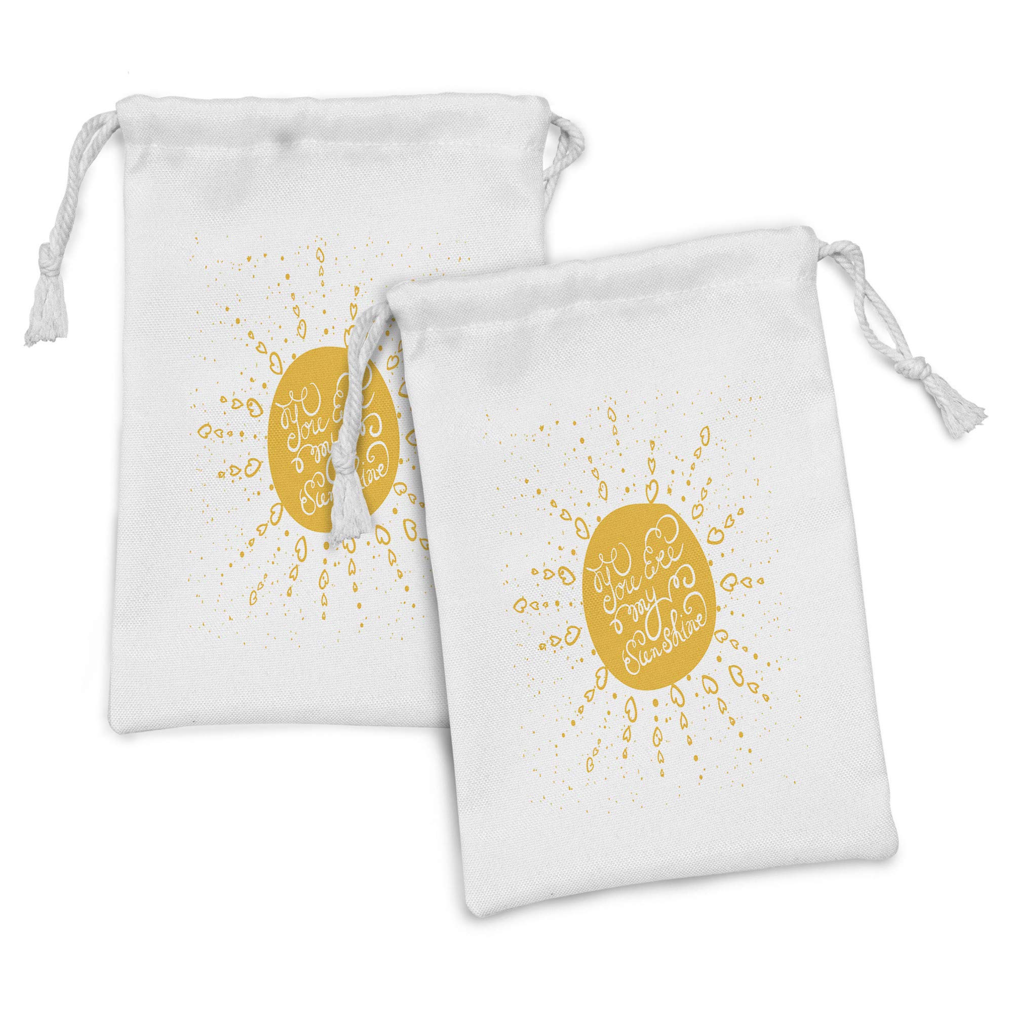 AmbesonneSaying Fabric Pouch Set of 2, Rounded Sun Rough Heart Shaped Beams Philosophy of Life Theme Illustration Image, Small Drawstring Bag for Toiletries Masks and Favors, 9" x 6", Yellow