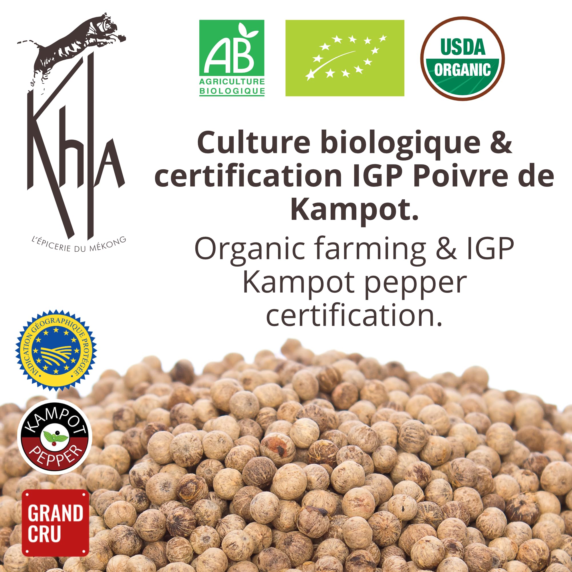 Khla - Pepe bianco Kampot biologico - Bustina di pepe Vrac in grani 500g - Ricarica per macinino - Ingrediente da cucina - Direttamente dal produttore - Spezia asiatica - Origine Cambogia