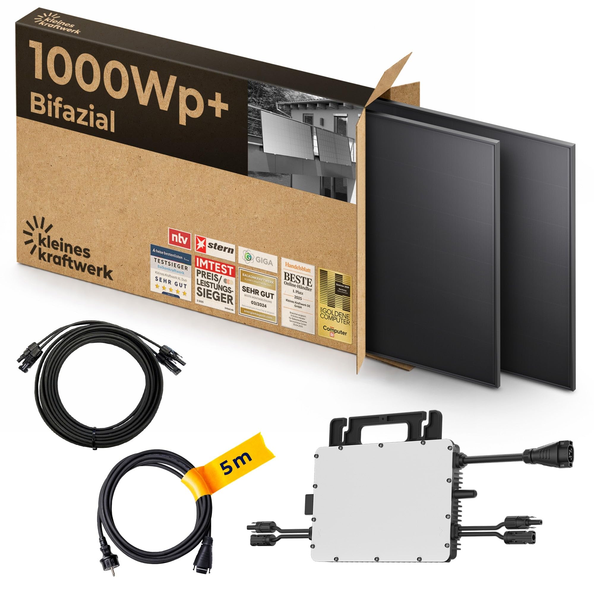 Kleines Kraftwerk 1000W Balkonkraftwerk XL Gitterbalkon-Halterung – 800W Wechselrichter mit WiFi & Bluetooth, 2×500W bifaziale Solarmodule, 5 m Kabel – Solaranlage Balkon