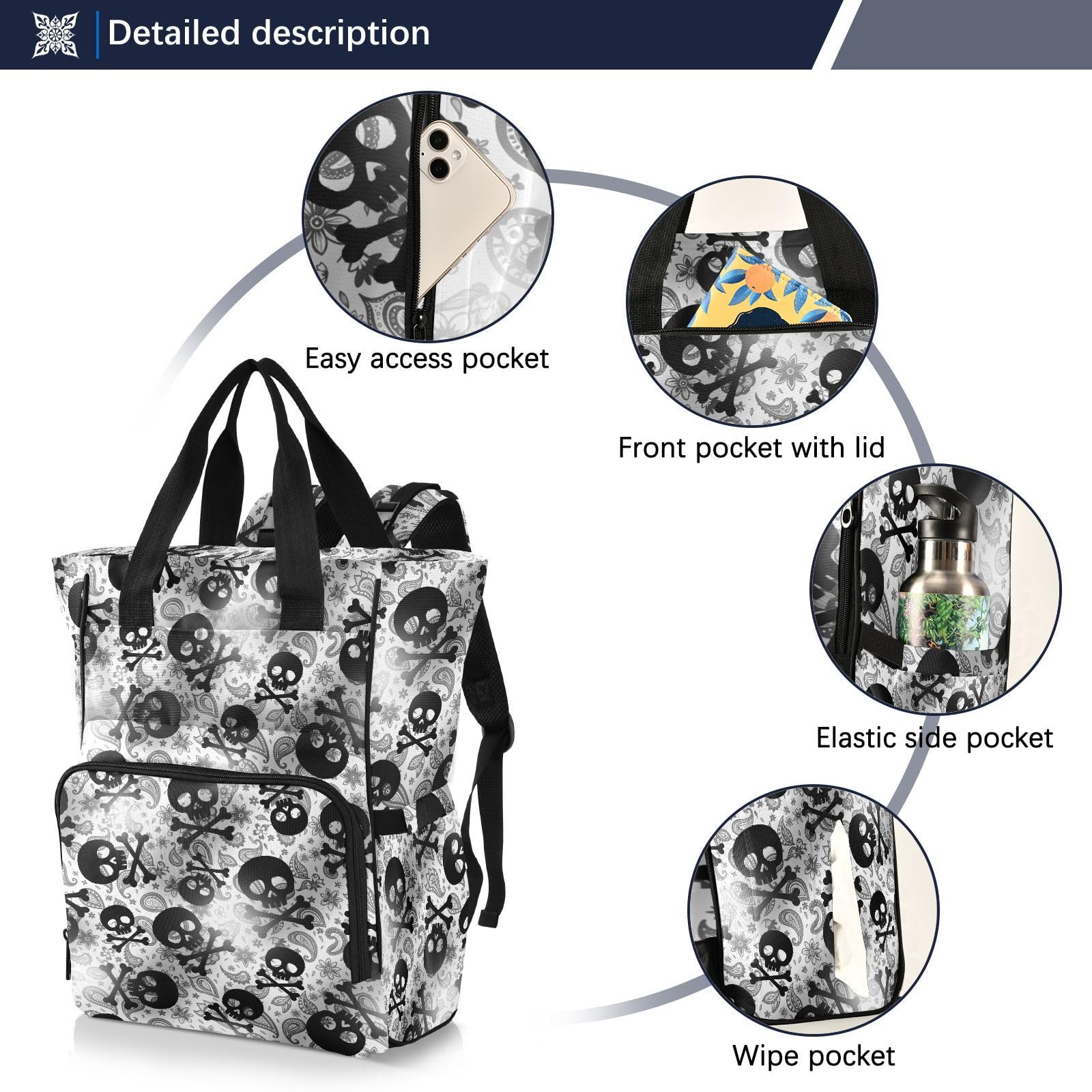 MNSRUU Bolsa de pañales con calaveras, mochila de viaje, bolsa de pañales para bebé, gran capacidad, bolsas cambiadoras