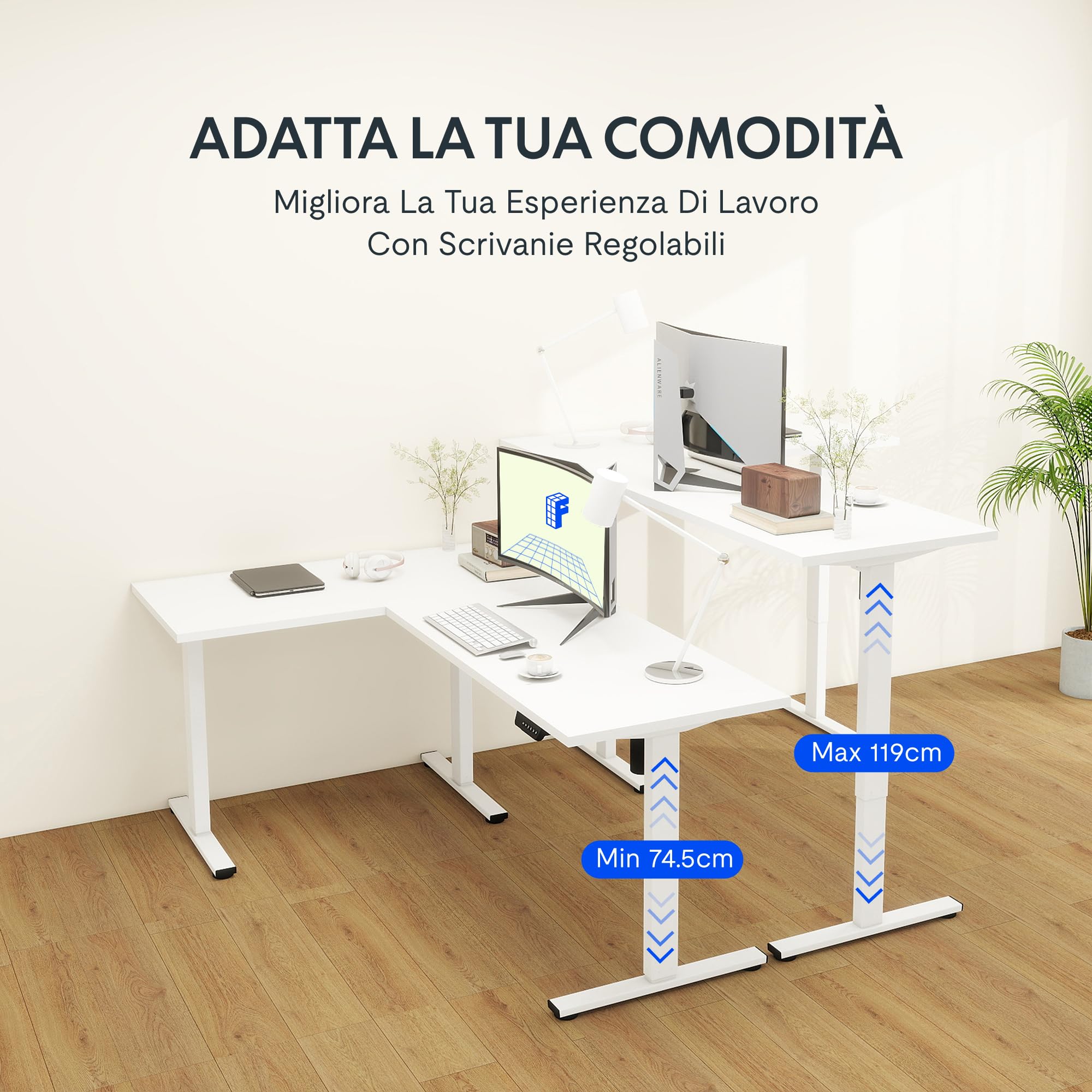 FLEXISPOT - Scrivania da ufficio angolare 180x120cm, tavolo a L con 3 piedi, scrivania elettrica regolabile in altezza con 4 pulsanti di memoria e sistema di sicurezza anti-collisione (Bianco)